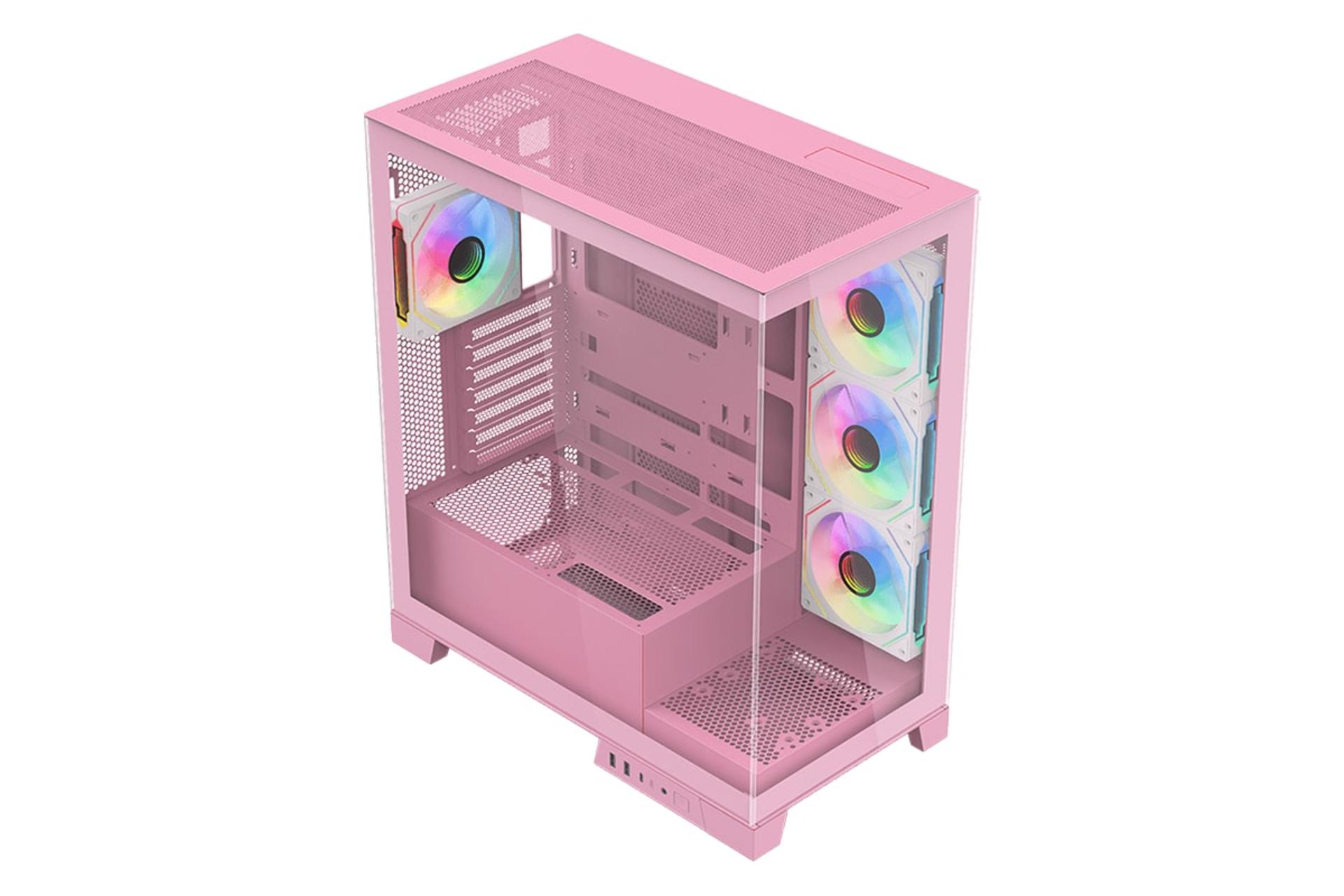 نمای نیمرخ بالای کیس کامپیوتر اوست GT-AQ16-MP با نمایش منافذ عبور هوای پنل بالا و محل نصب فن‌های پنل داخلی پایین