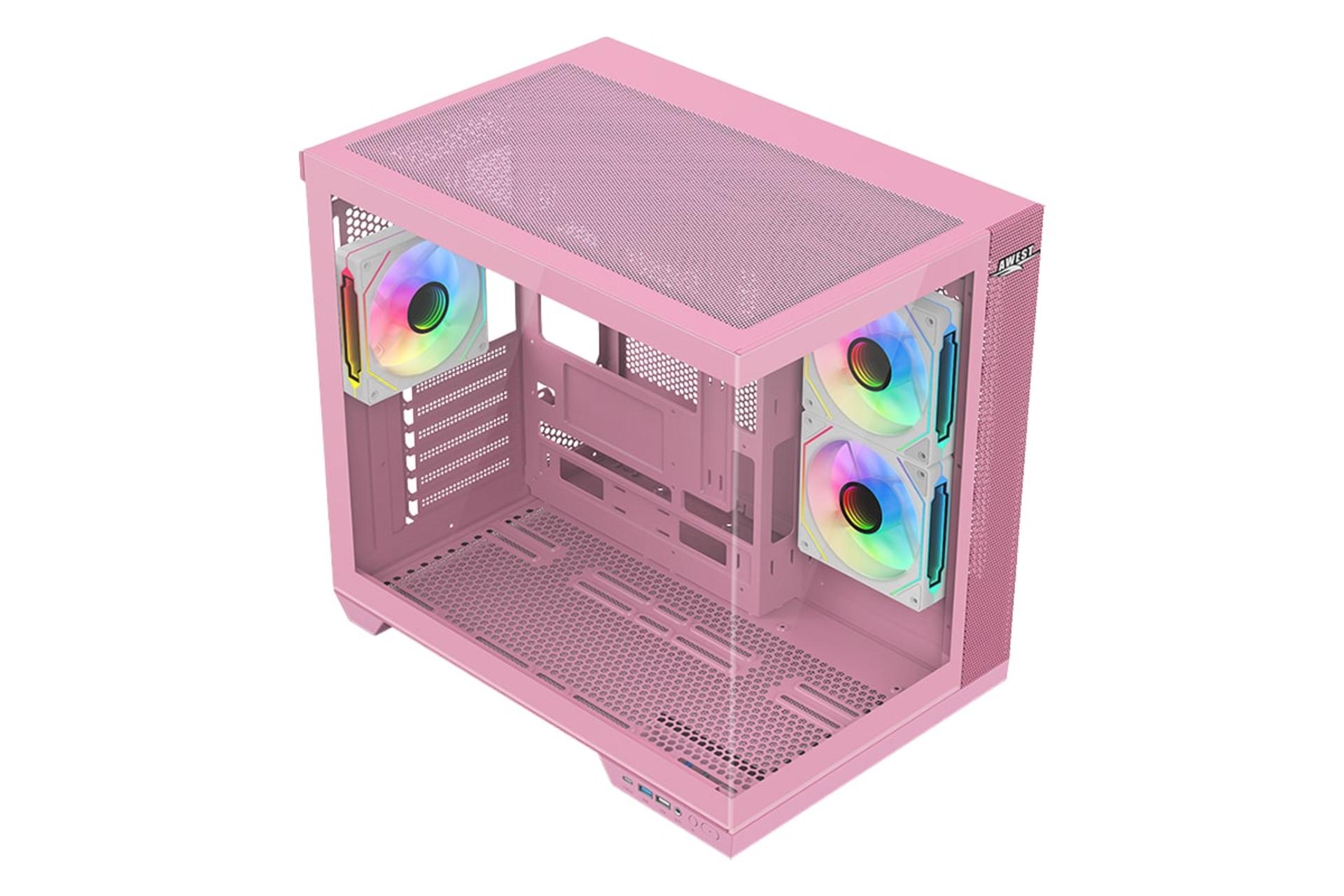 نمای نیمرخ بالای کیس کامپیوتر اوست GT-AQ12-MP با نمایش منافذ هوای پنل بالا و محل نصب فن پنل داخلی پایین