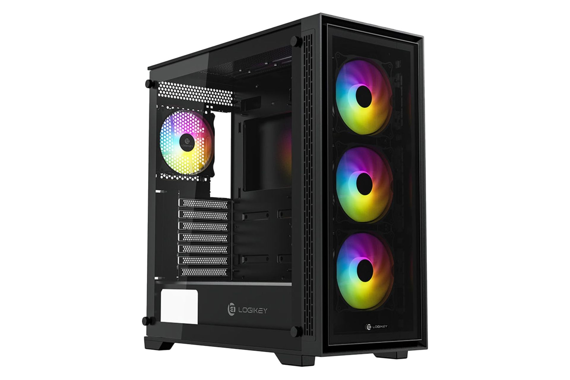 نمای نیمرخ پنل جلوی کیس کامپیوتر لاجی کی C465B با نمایش لوگو و پنل کناری