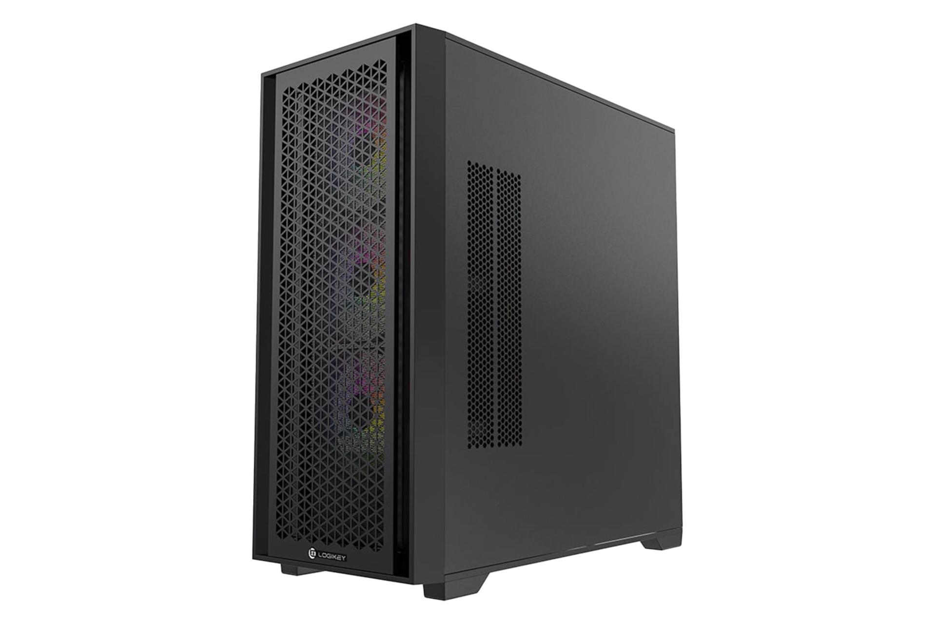 نمای نیمرخ کیس کامپیوتر لاجی کی C484B با نمایش پنل جلو و سمت راست