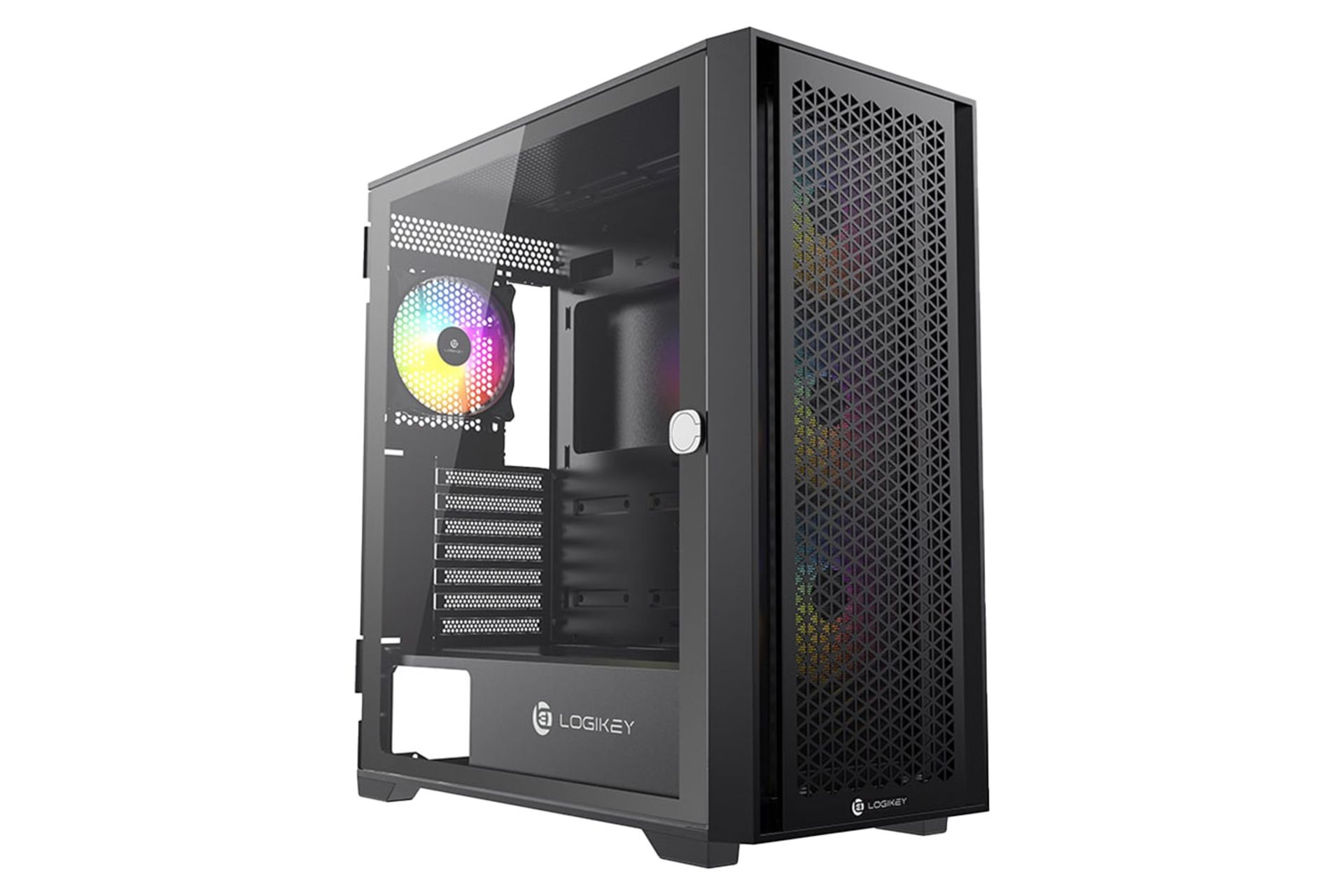 نمای نیمرخ کیس کامپیوتر لاجی کی C484B با نمایش پنل جلو، کناری و لوگو