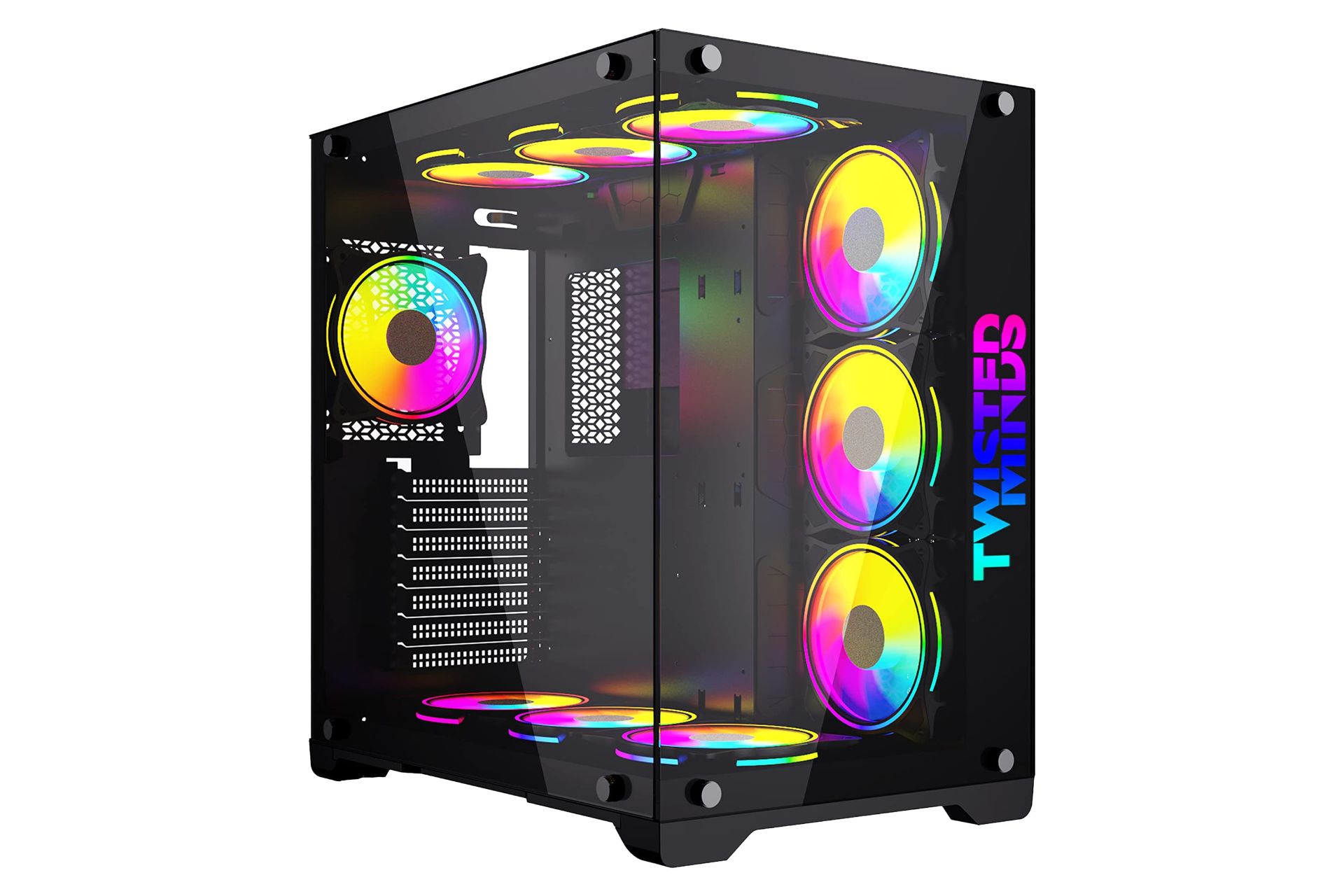 نمای نیمرخ کیس کامپیوتر تویستد مایندز Bullet-07 با نمایش لوگوی پنل جلو و سمت چپ رنگ مشکی