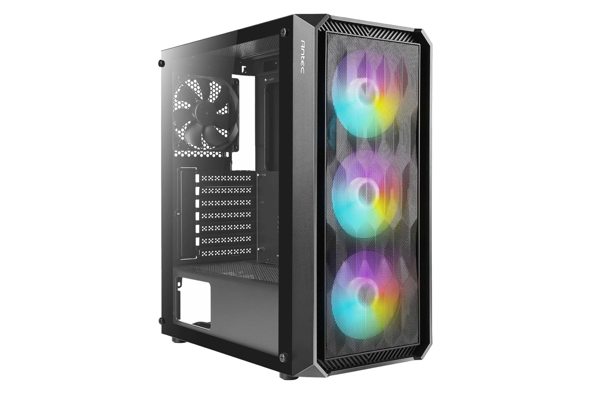 نمای نیمرخ پنل جلوی کیس کامپیوتر انتک NX292 با نمایش پنل جلو، نورپردازی فن‌ها و پنل سمت چپ رنگ مشکی