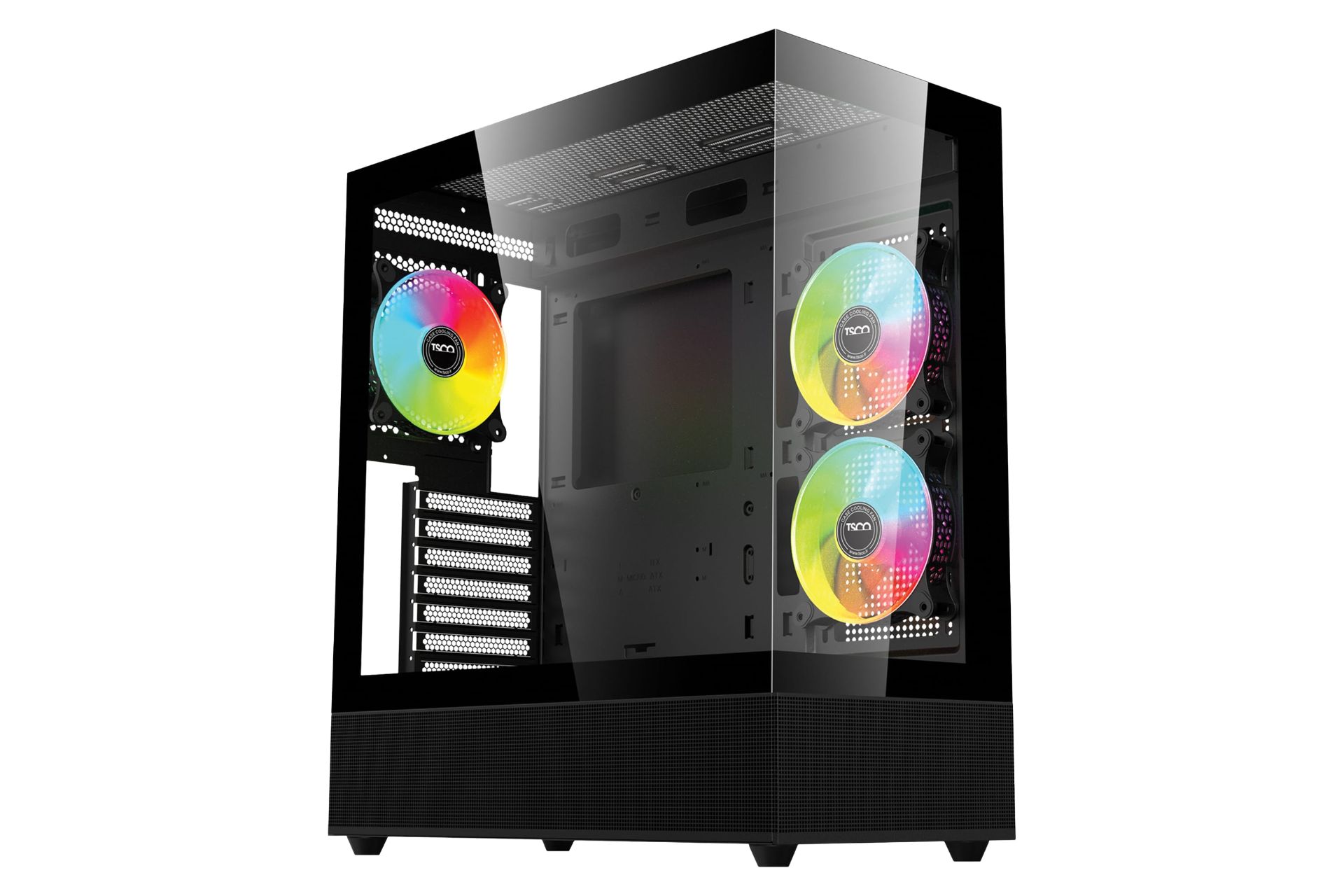 نمای نیمرخ کیس کامپیوتر تسکو GC 4491 با نمایش پنل جلو، سمت چپ و نورپردازی فن‌ها