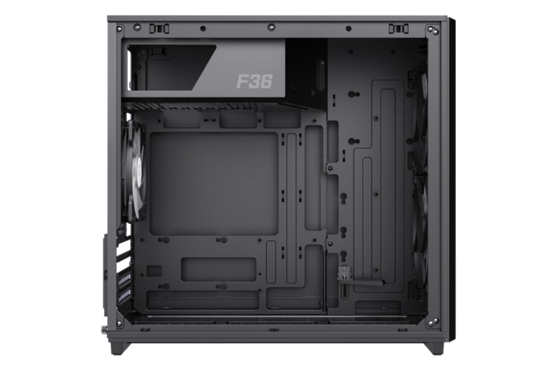 نمای داخلی پنل سمت چپ کیس کامپیوتر گیم‌ مکس F36 با نمایش محل نصب مادربرد رنگ مشکی