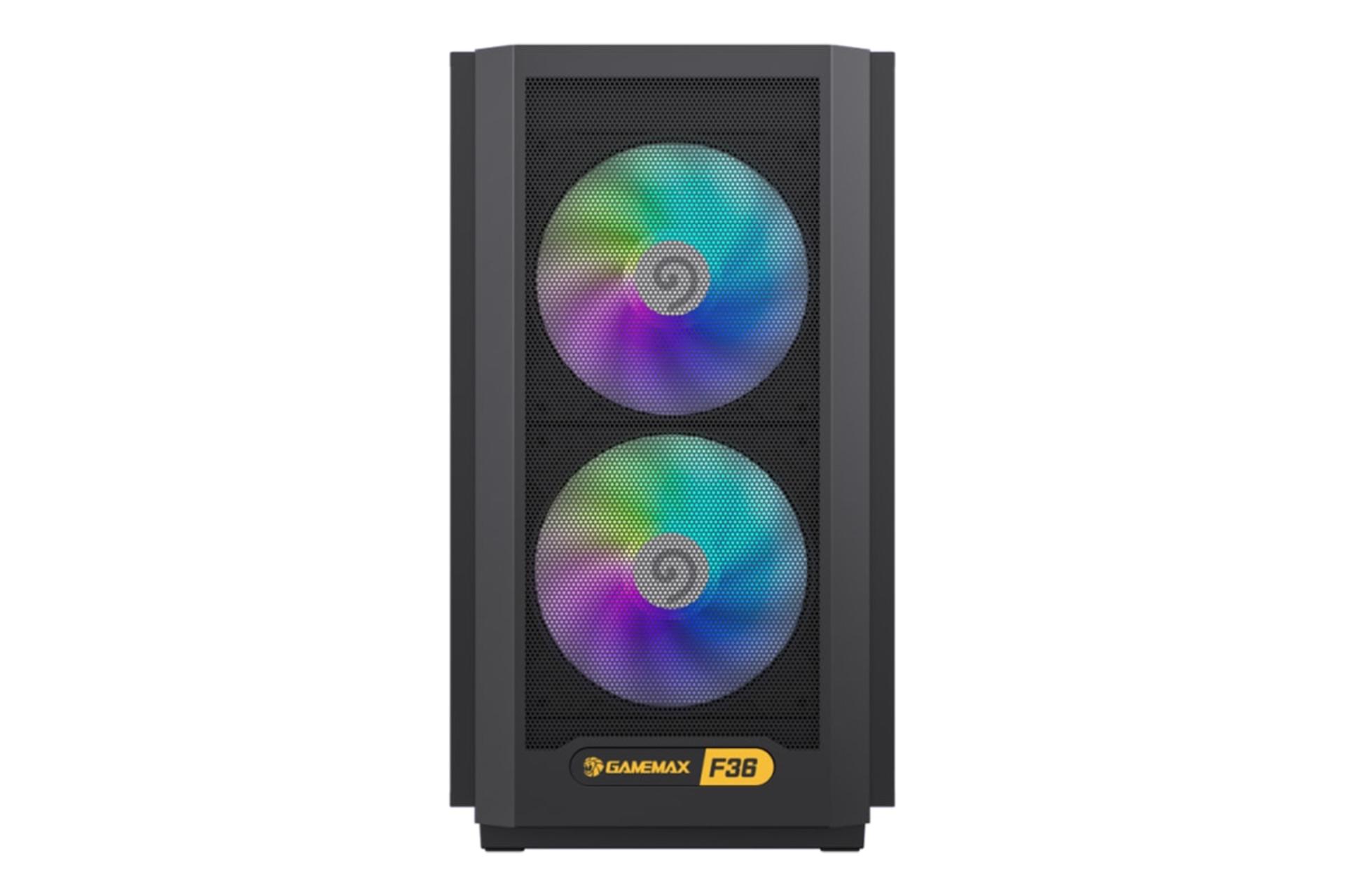 نمای پنل جلوی کیس کامپیوتر گیم‌ مکس F36 با نمایش نورپردازی فن‌ها رنگ مشکی