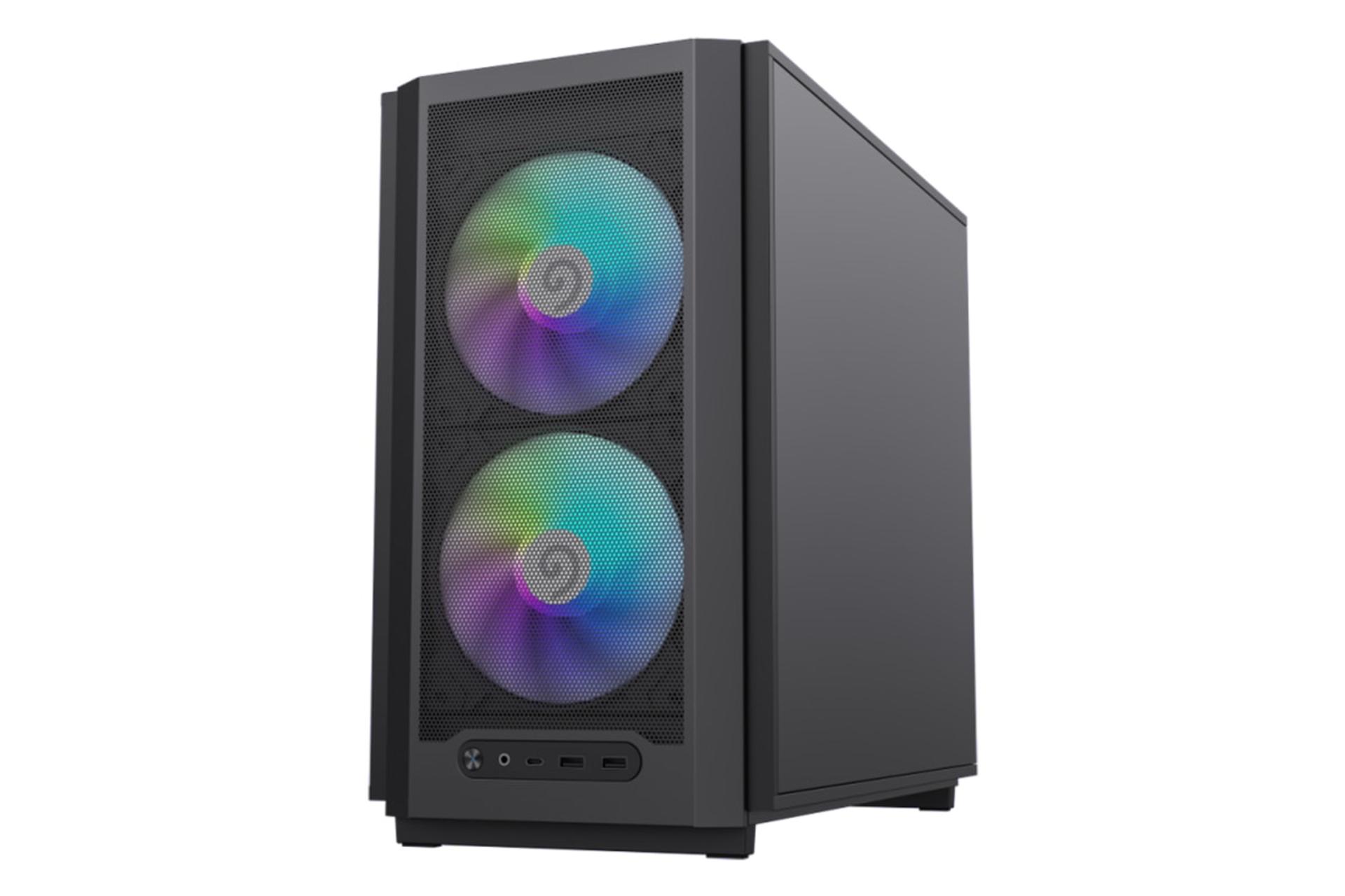 نمای نیمرخ کیس کامپیوتر گیم‌ مکس F36 با نمایش پنل جلو و سمت راست رنگ مشکی