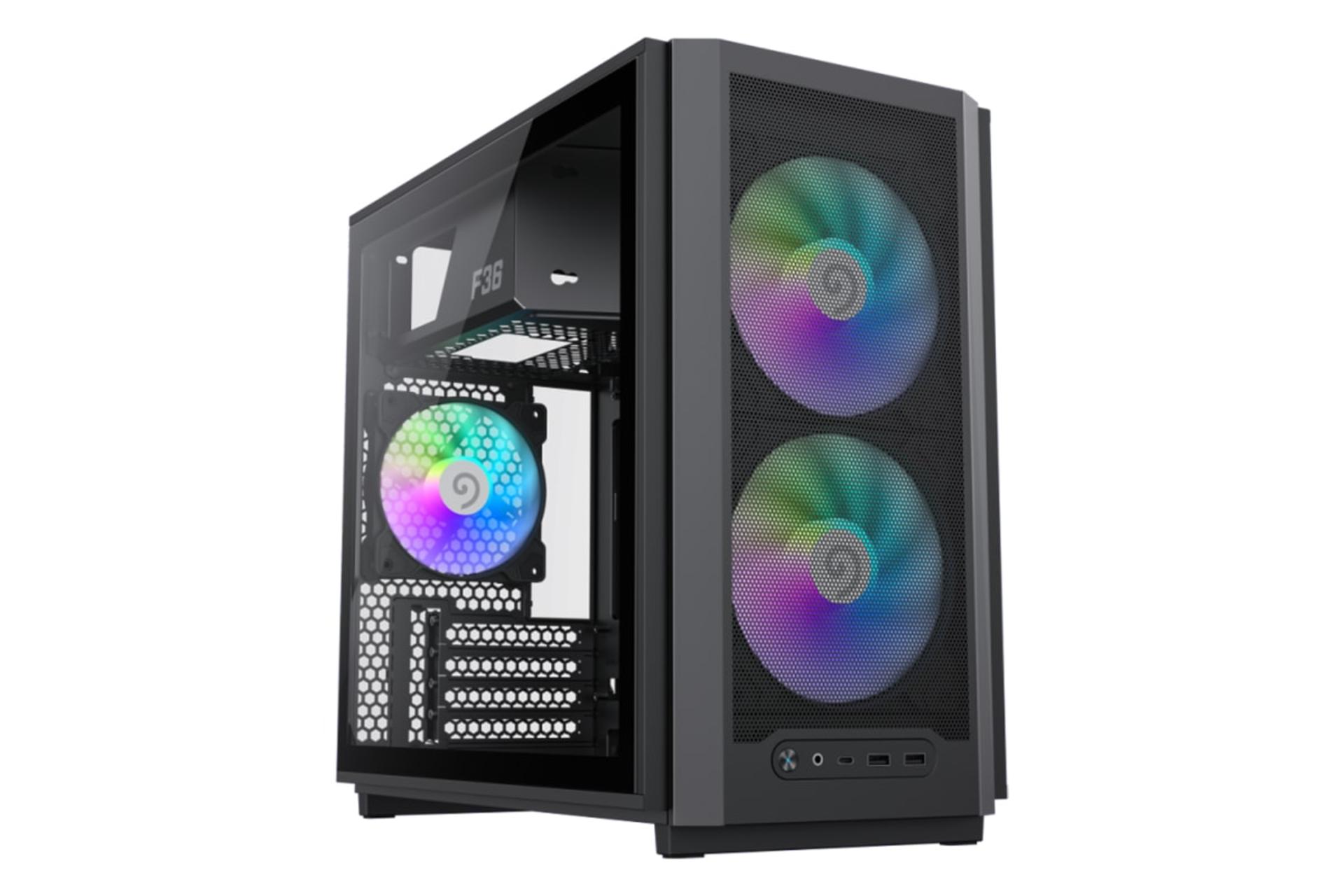 نمای نیمرخ کیس کامپیوتر گیم‌ مکس F36 با نمایش پنل جلو و سمت چپ رنگ مشکی