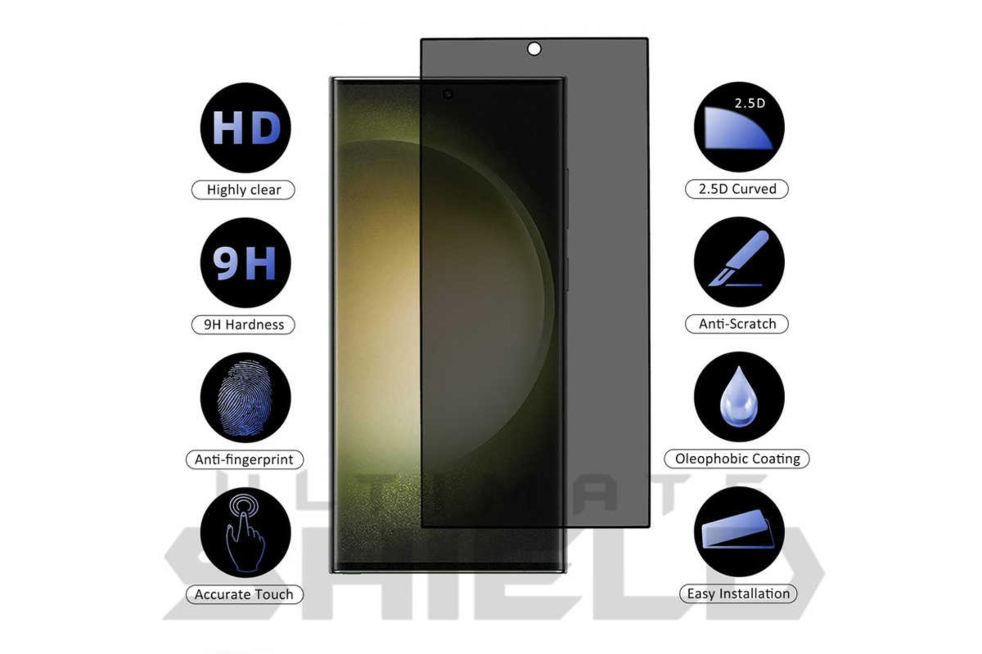 مشخصات محافظ صفحه نمایش قاب گوشی آلتیمیت شیلد مدل Clear-UGL مناسب سامسونگ Galaxy S24 Ultra 