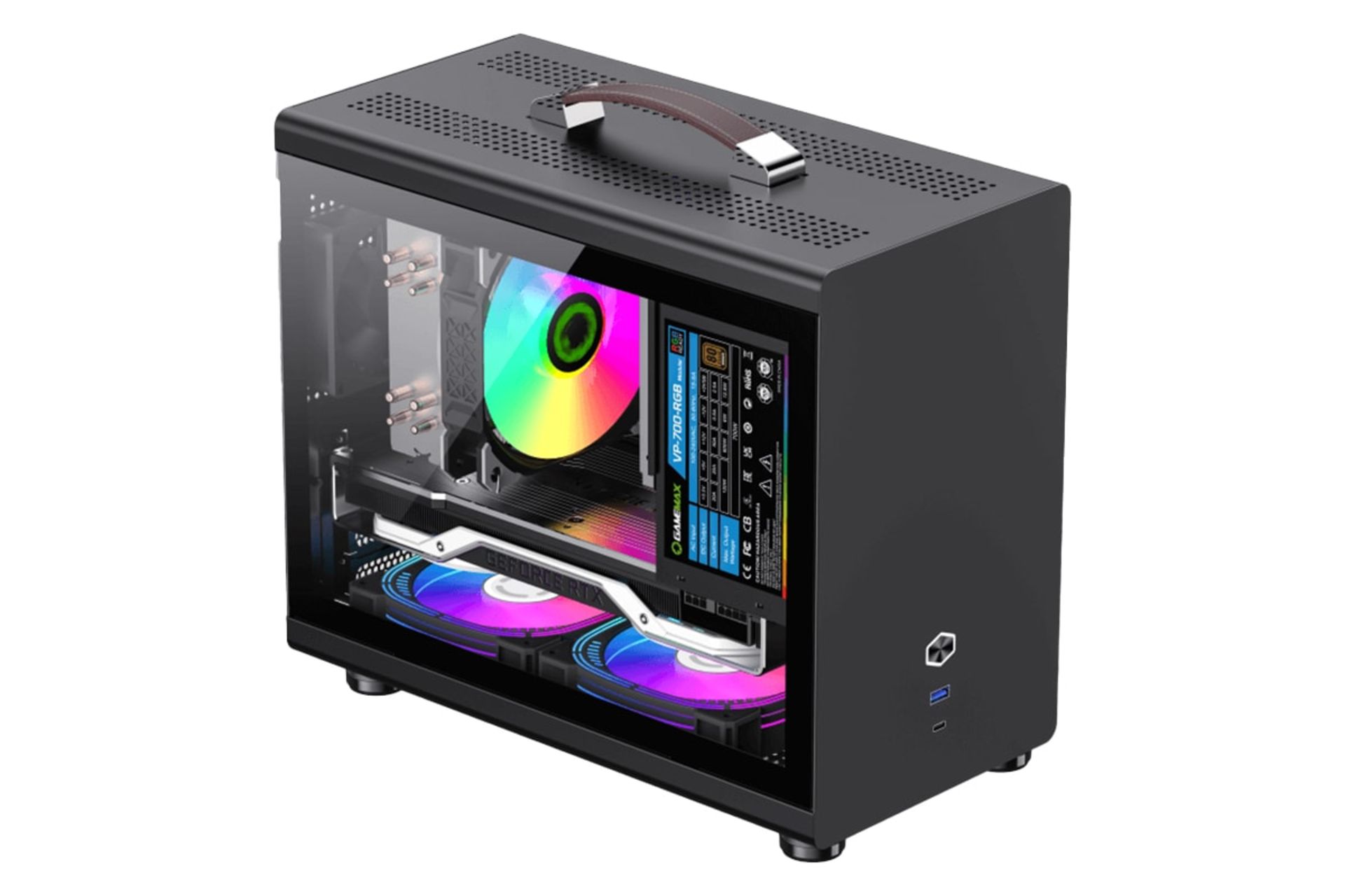 نمای نیمرخ کیس کامپیوتر گیم‌ مکس Spark Mini با نمایش پنل جلو، بالا، سمت چپ و دسته حمل رنگ مشکی