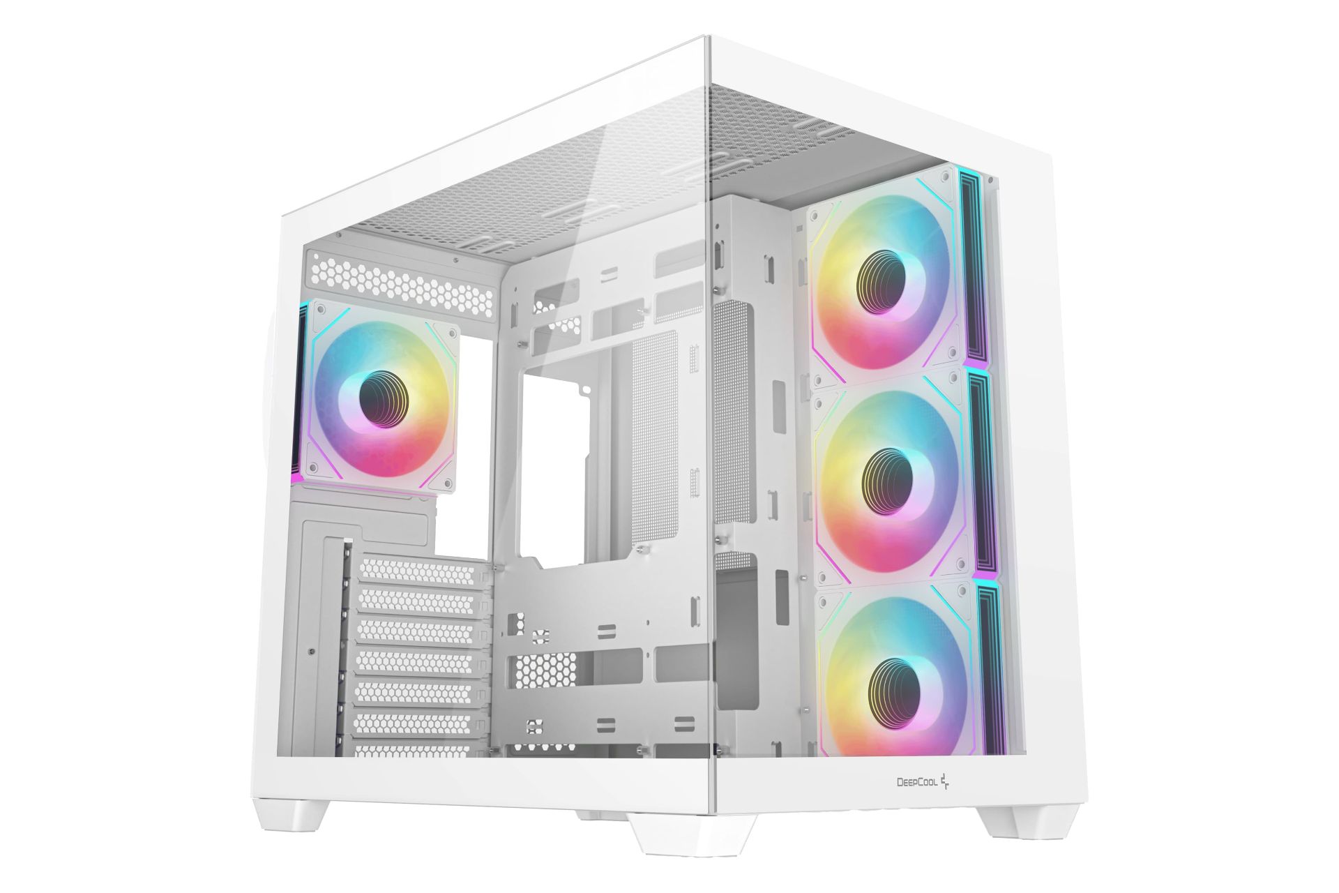 نمای نیمرخ کیس کامپیوتر دیپ کول CG530 4F با نمایش پنل جلو و سمت چپ رنگ سفید