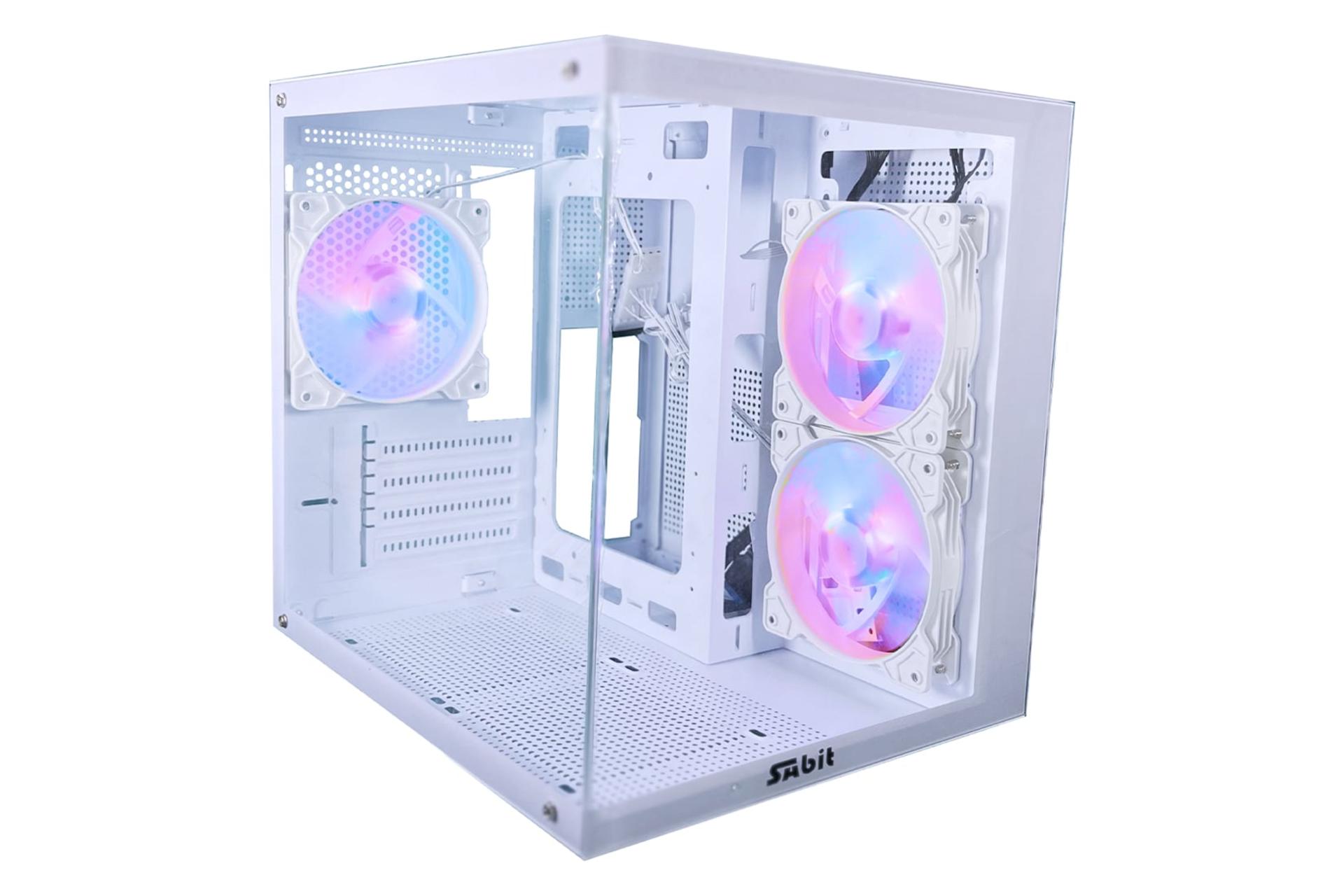 نمای نیمرخ کیس کامپیوتر سابیت CG-35 با نمایش پنل جلو، کناری و لوگو رنگ سفید