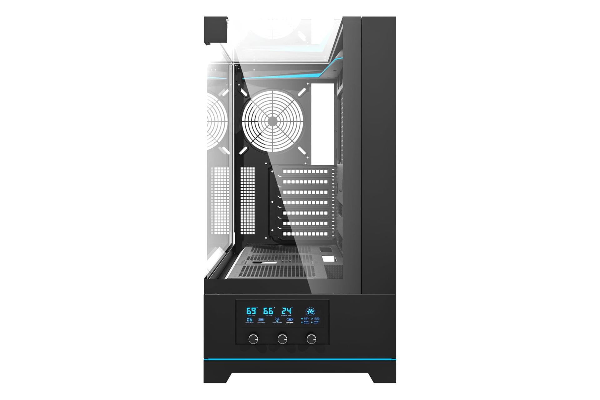 نمای پنل جلوی کیس کامپیوتر دارک فلش DY450 Pro با نمایش نمایشگر دیجیتال رنگ مشکی