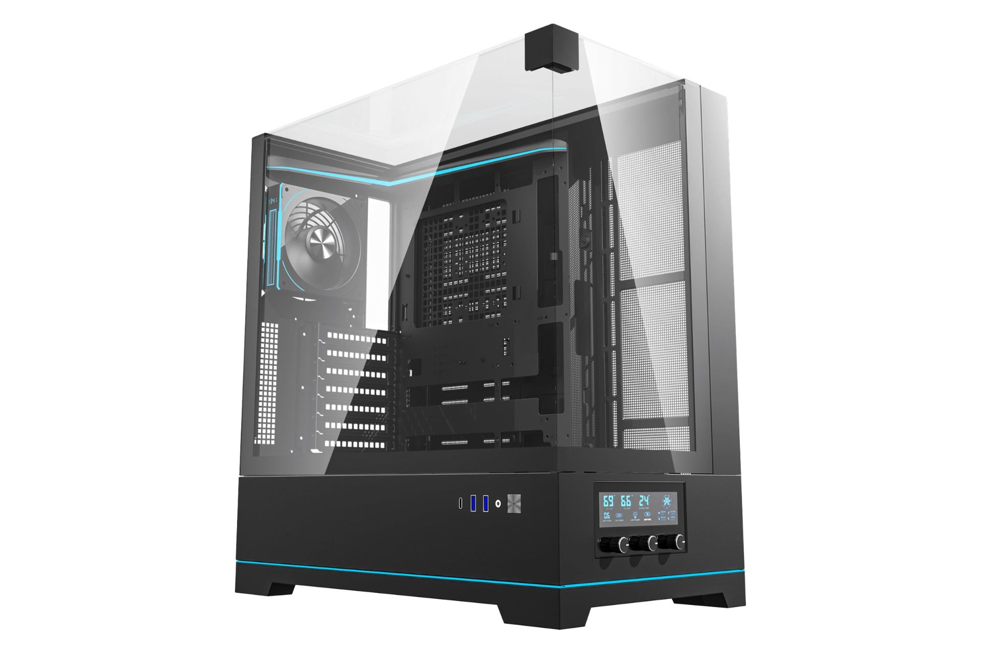 نمای نیمرخ کیس کامپیوتر دارک فلش DY450 Pro با نمایش پنل جلو و سمت چپ رنگ مشکی