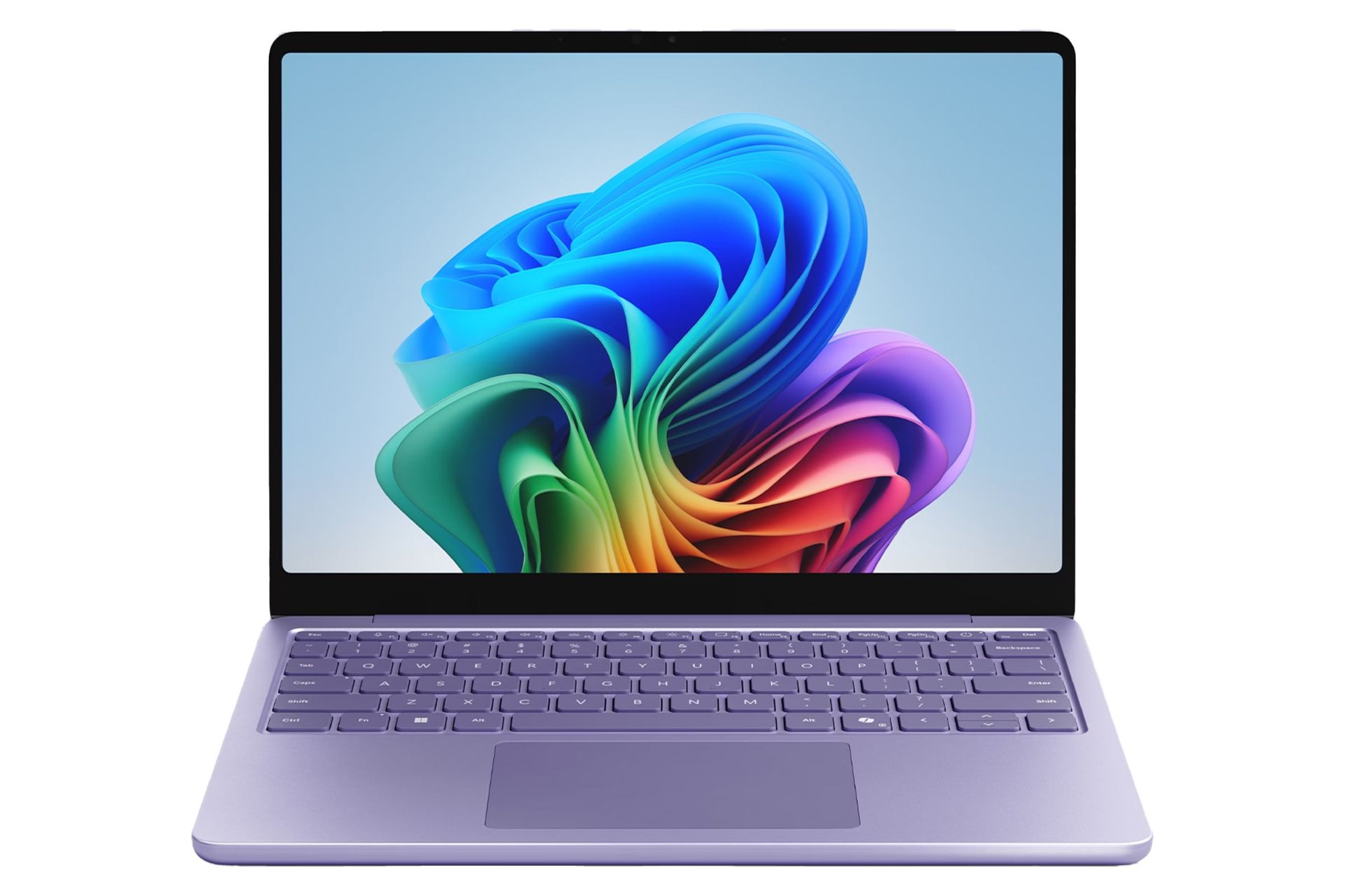 نمای روبه‌روی لپ تاپ سرفیس لپ تاپ 7 مایکروسافت نسخه 13 اینچ با نمایشگر روشن و نمایش کیبورد و ترک‌پد رنگ بنفش