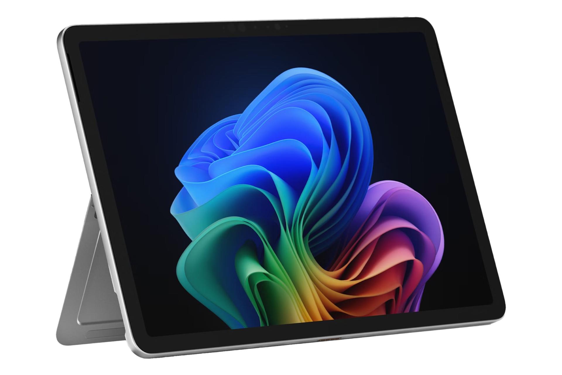 نمای نیمرخ لپ تاپ سرفیس پرو 11 مایکروسافت نسخه 12 اینچ با نمایشگر روشن و نمایش لبه سمت چپ رنگ پلاتینیومی