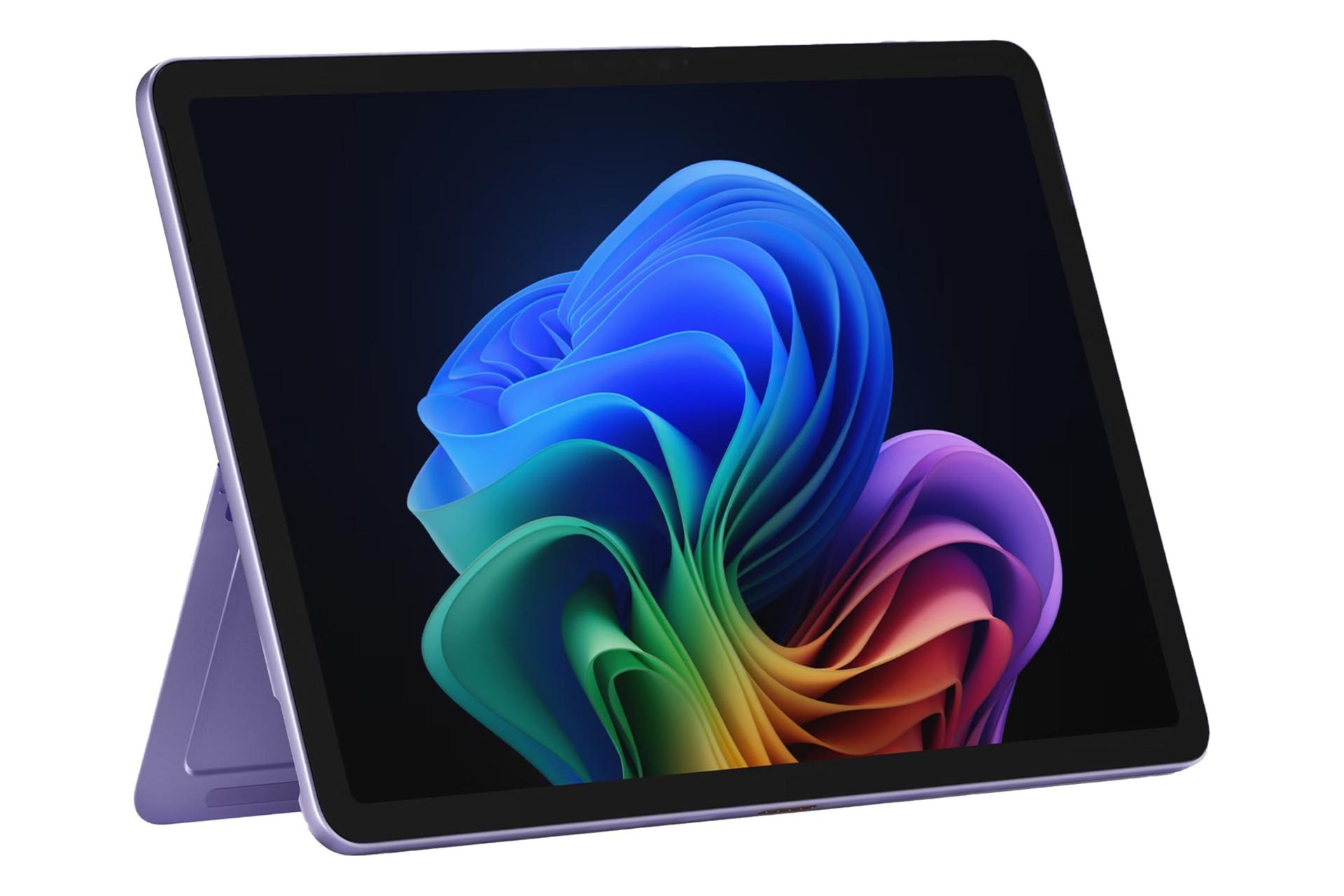 نمای نیمرخ لپ تاپ سرفیس پرو 11 مایکروسافت نسخه 12 اینچ با نمایشگر روشن و نمایش لبه سمت چپ رنگ بنفش