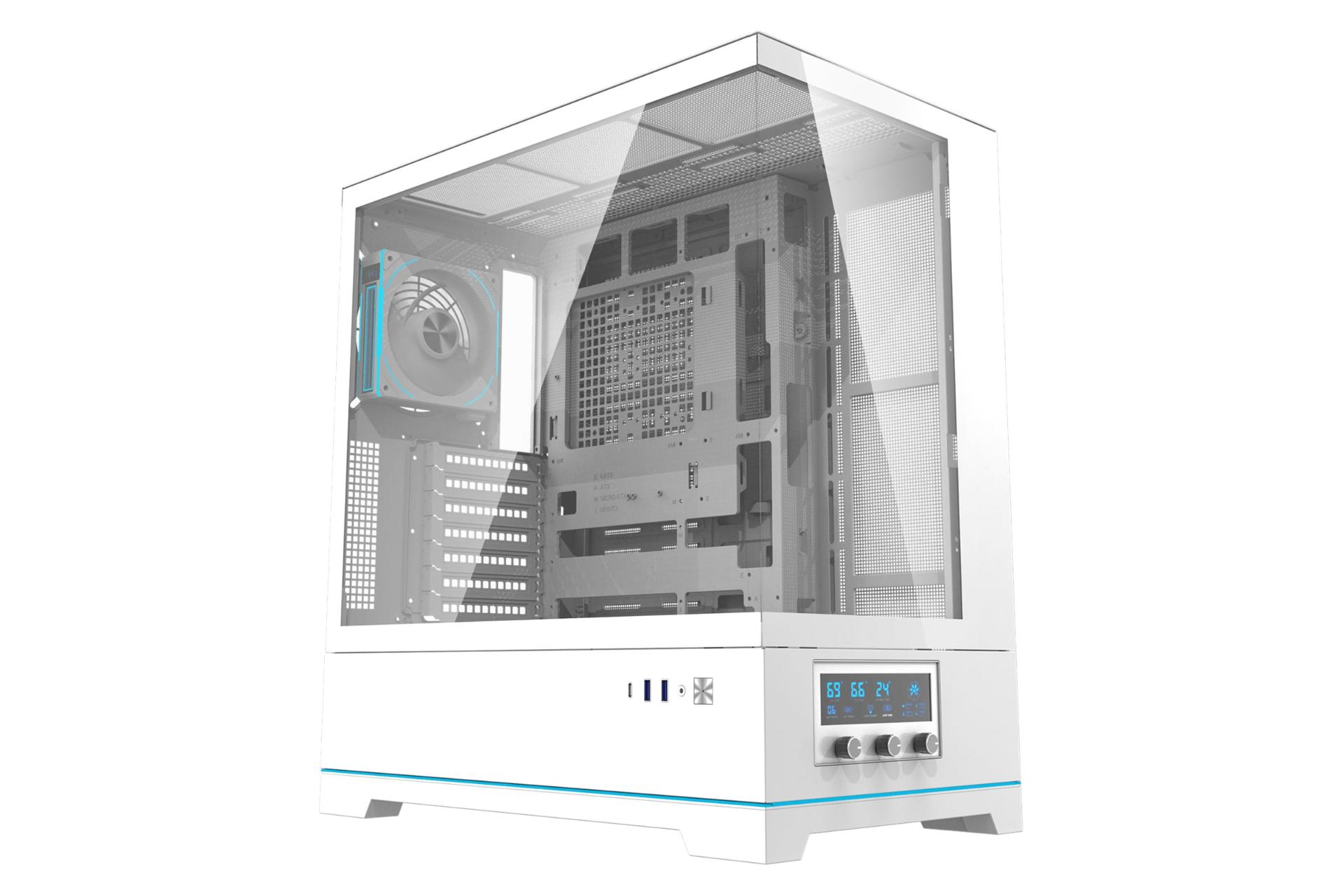 نمای نیمرخ کیس کامپیوتر دارک فلش DY451 Pro با نمایش پنل جلو و سمت چپ رنگ سفید