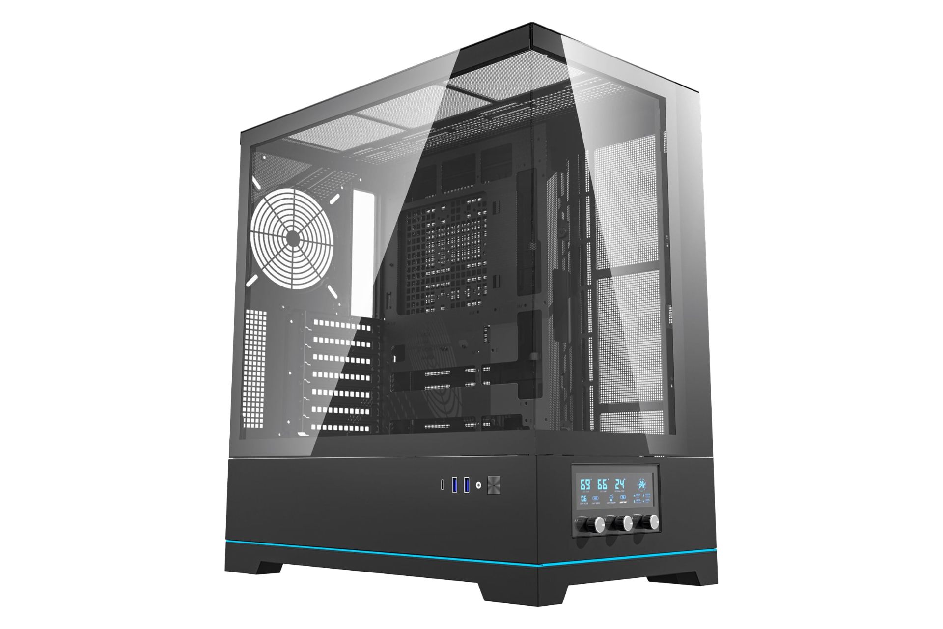 نمای نیمرخ کیس کامپیوتر دارک فلش DY451 Pro با نمایش پنل جلو و سمت چپ رنگ مشکی