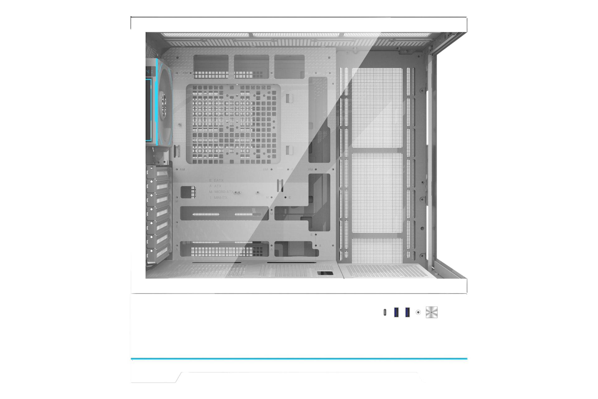 نمای داخلی کیس کامپیوتر دارک فلش DY451 Pro با نمایش محل نصب مادربرد رنگ سفید