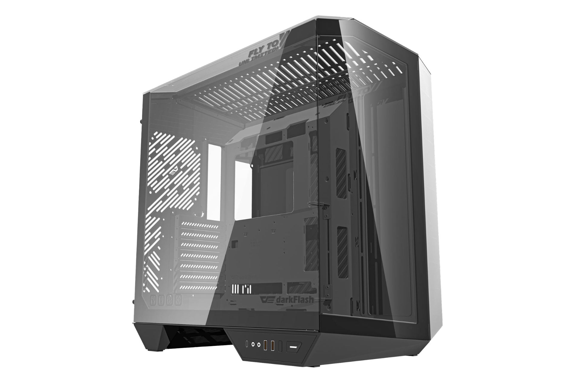 نمای نیمرخ کیس کامپیوتر دارک فلش DY470 با نمایش پنل جلو و سمت چپ رنگ مشکی