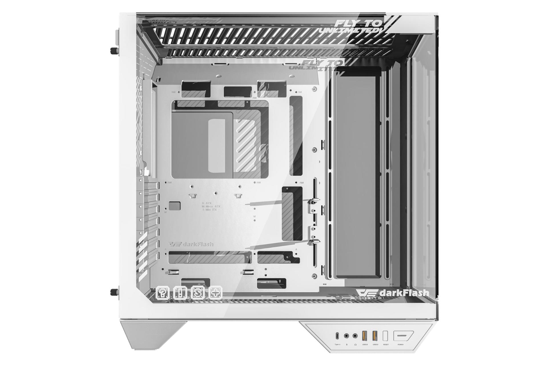 نمای داخلی پنل سمت چپ کیس کامپیوتر دارک فلش DY470 با نمایش محل نصب مادربرد رنگ سفید