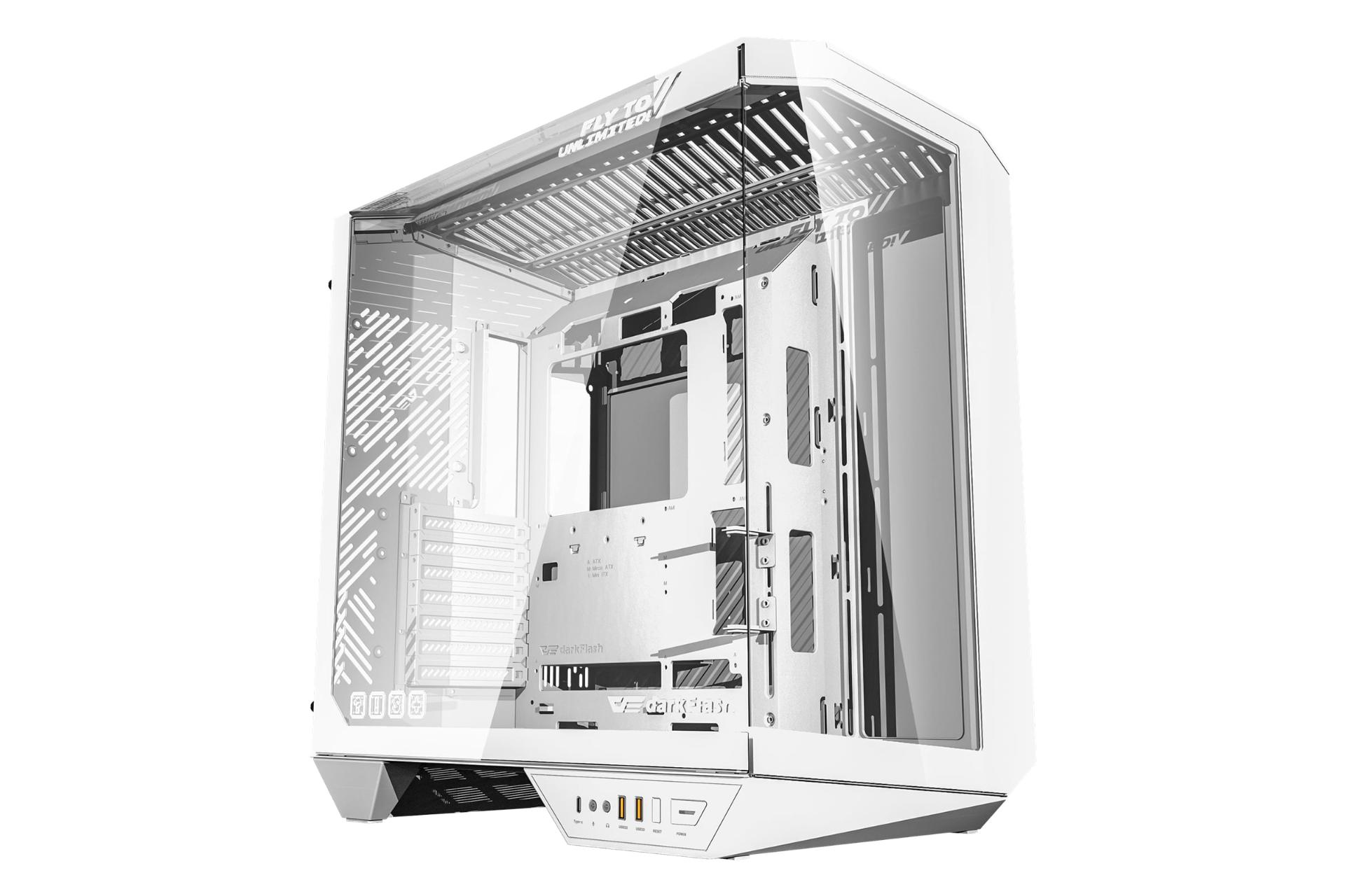 نمای نیمرخ کیس کامپیوتر دارک فلش DY470 با نمایش پنل جلو و سمت چپ رنگ سفید