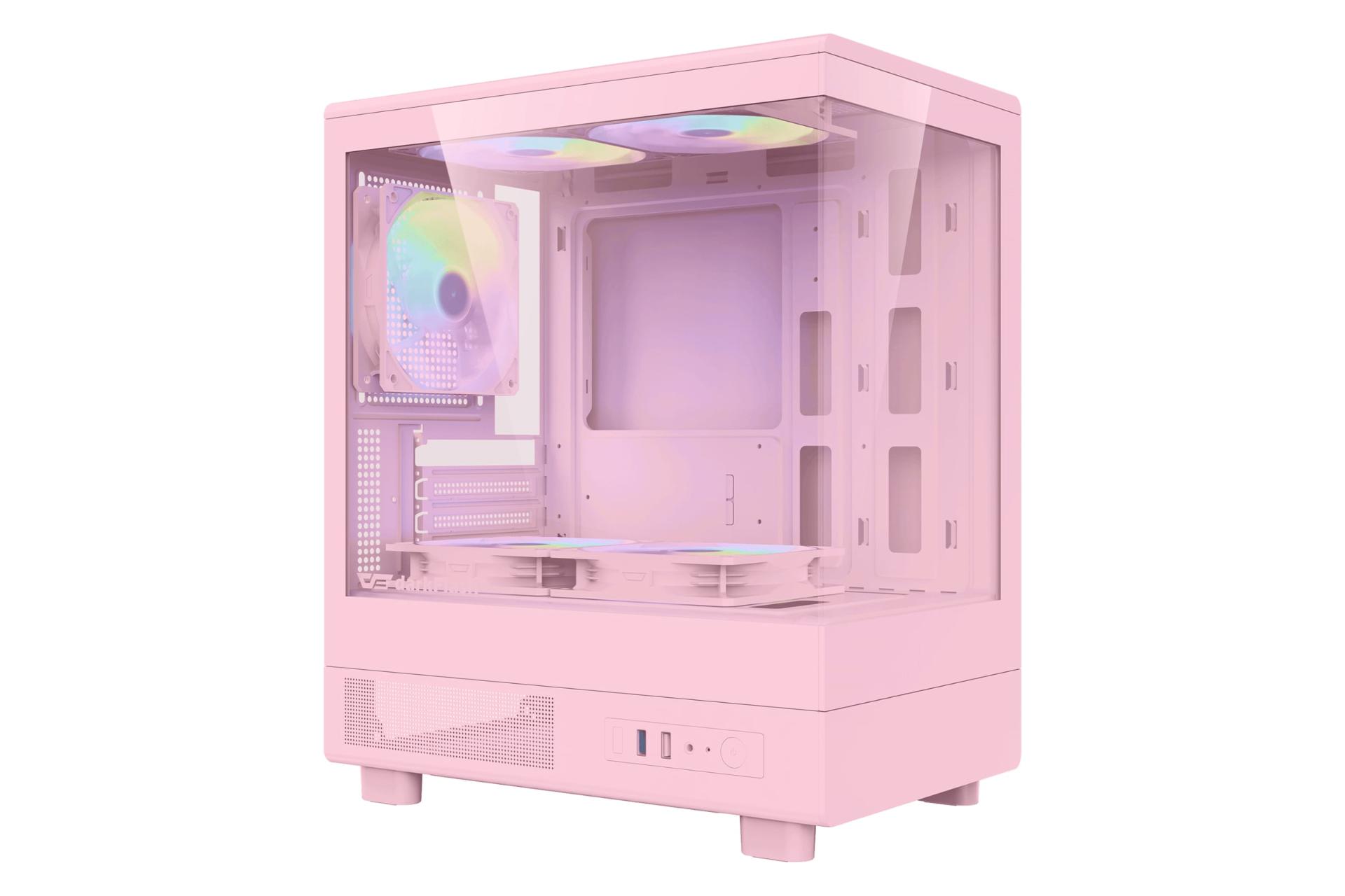 نمای نیمرخ کیس کامپیوتر دارک فلش DB330M با نمایش پنل جلو و سمت چپ رنگ صورتی