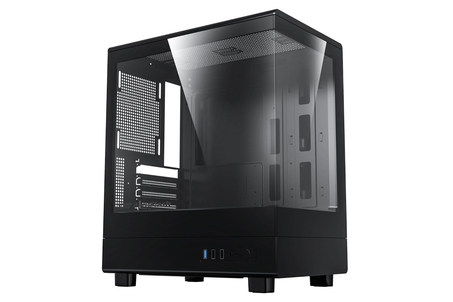 نمای نیمرخ کیس کامپیوتر دارک فلش DB330M با نمایش پنل جلو و سمت چپ رنگ مشکی