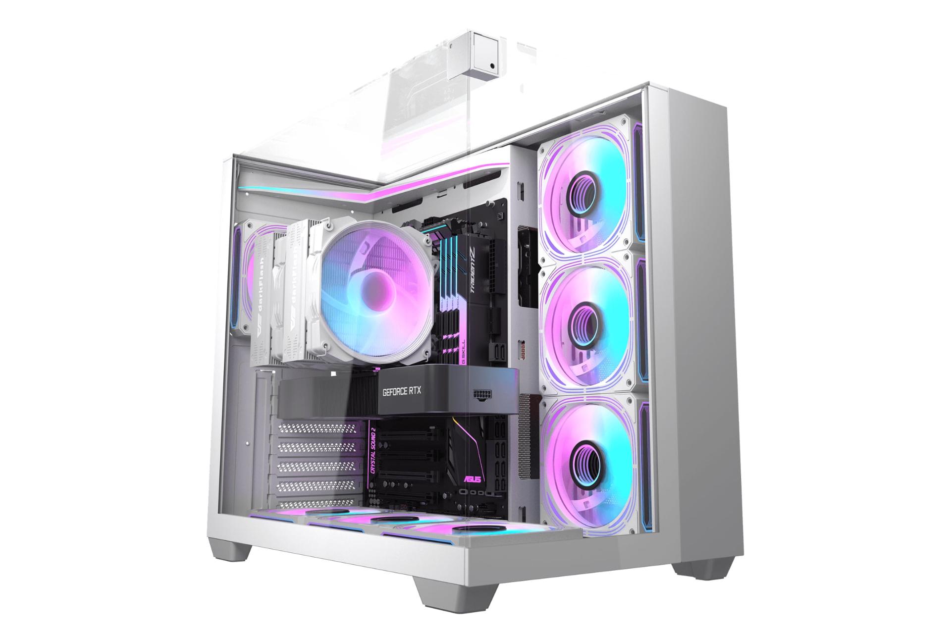 نمای نیمرخ کیس کامپیوتر دارک فلش TH285 با نمایش پنل جلو و سمت چپ رنگ سفید