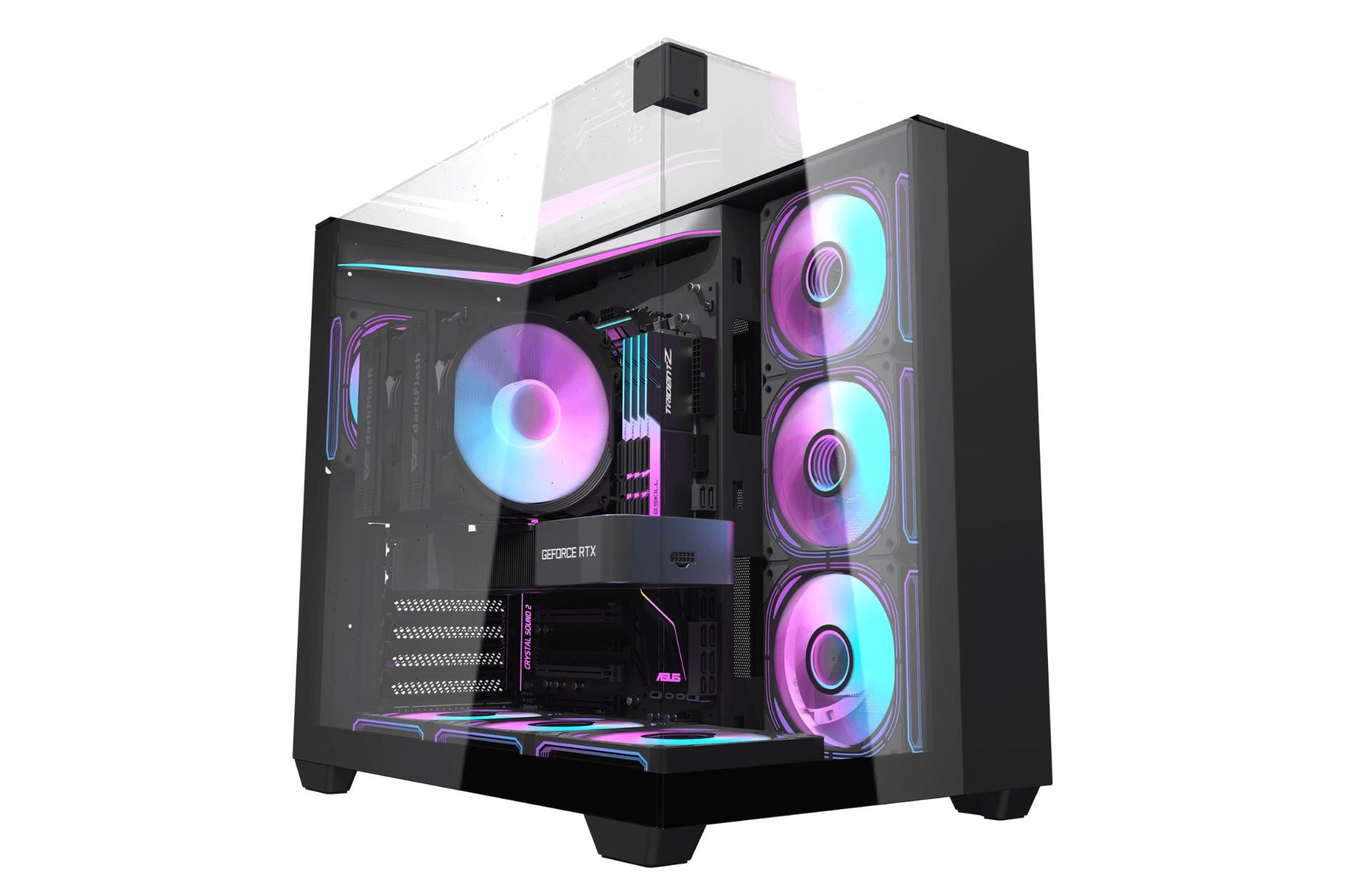 نمای نیمرخ کیس کامپیوتر دارک فلش TH285 با نمایش پنل جلو و سمت چپ رنگ مشکی