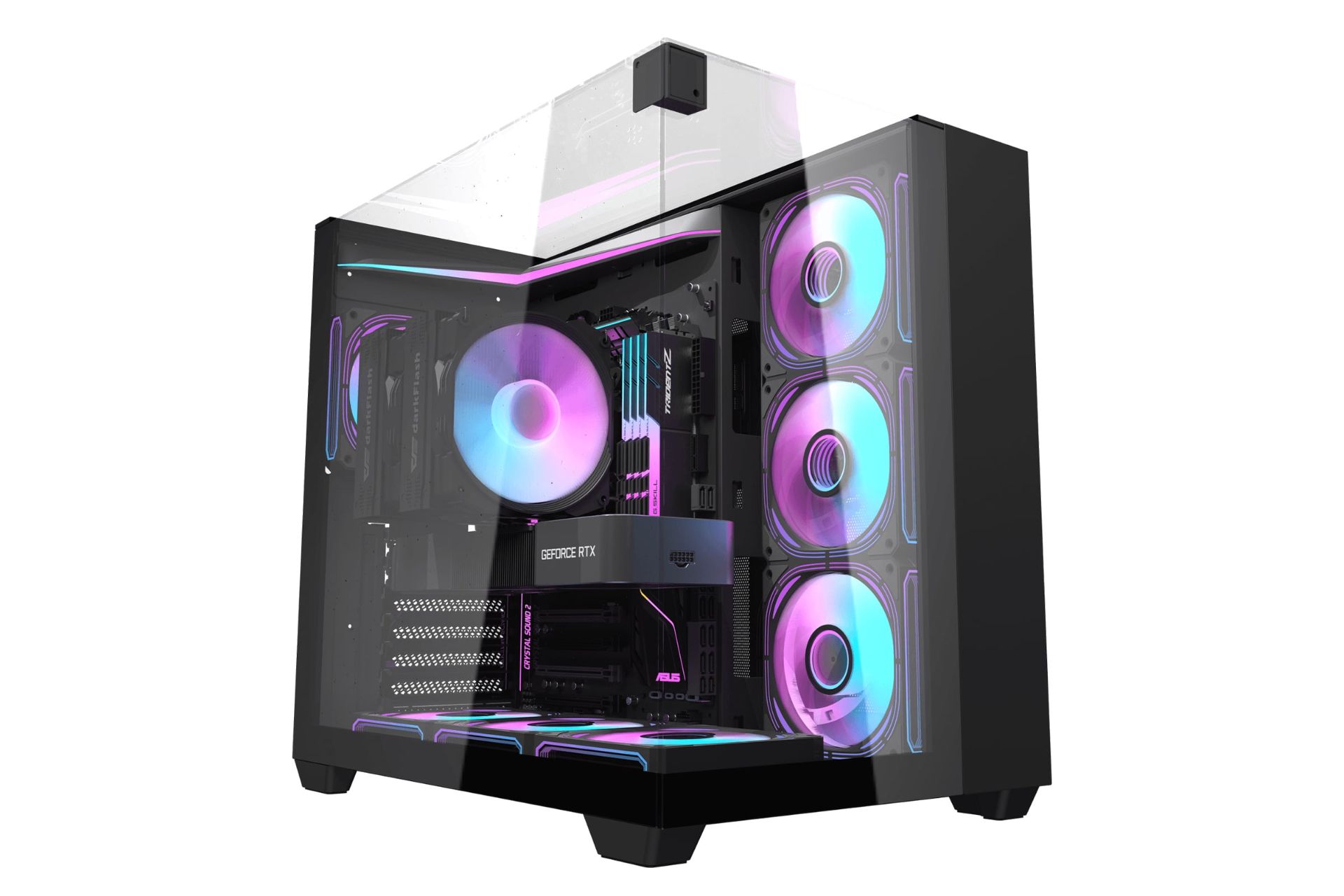 نمای نیمرخ کیس کامپیوتر دارک فلش TH285 با نمایش پنل جلو و سمت چپ رنگ مشکی