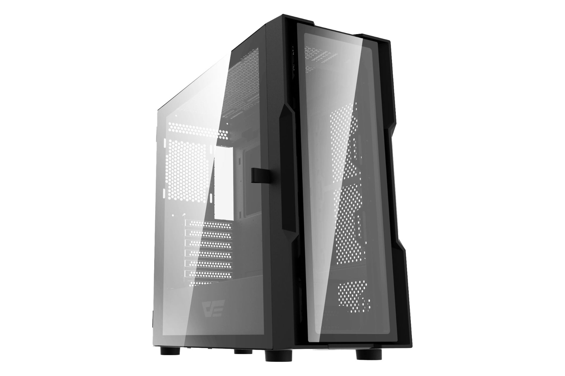 نمای نیمرخ کیس کامپیوتر دارک فلش DK431 Glass با نمایش پنل جلو و سمت چپ رنگ مشکی