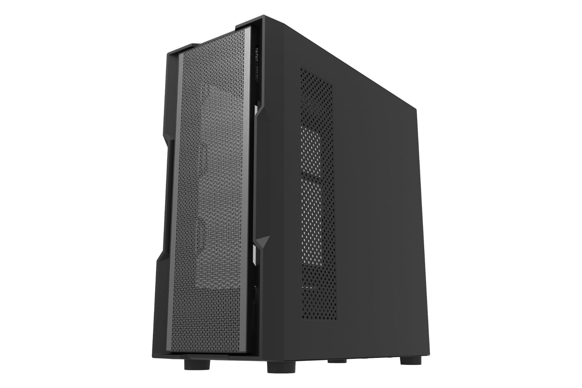 نمای نیمرخ کیس کامپیوتر دارک فلش DK431 با نمایش پنل جلو و سمت راست رنگ مشکی