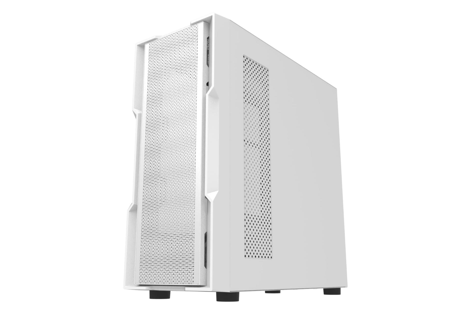 نمای نیمرخ کیس کامپیوتر دارک فلش DK431 با نمایش پنل جلو و سمت راست رنگ سفید