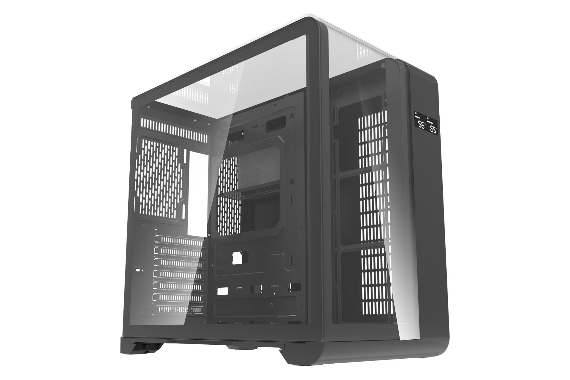 نمای نیمرخ کیس کامپیوتر دارک فلش L280 با نمایش پنل جلو و سمت چپ رنگ مشکی