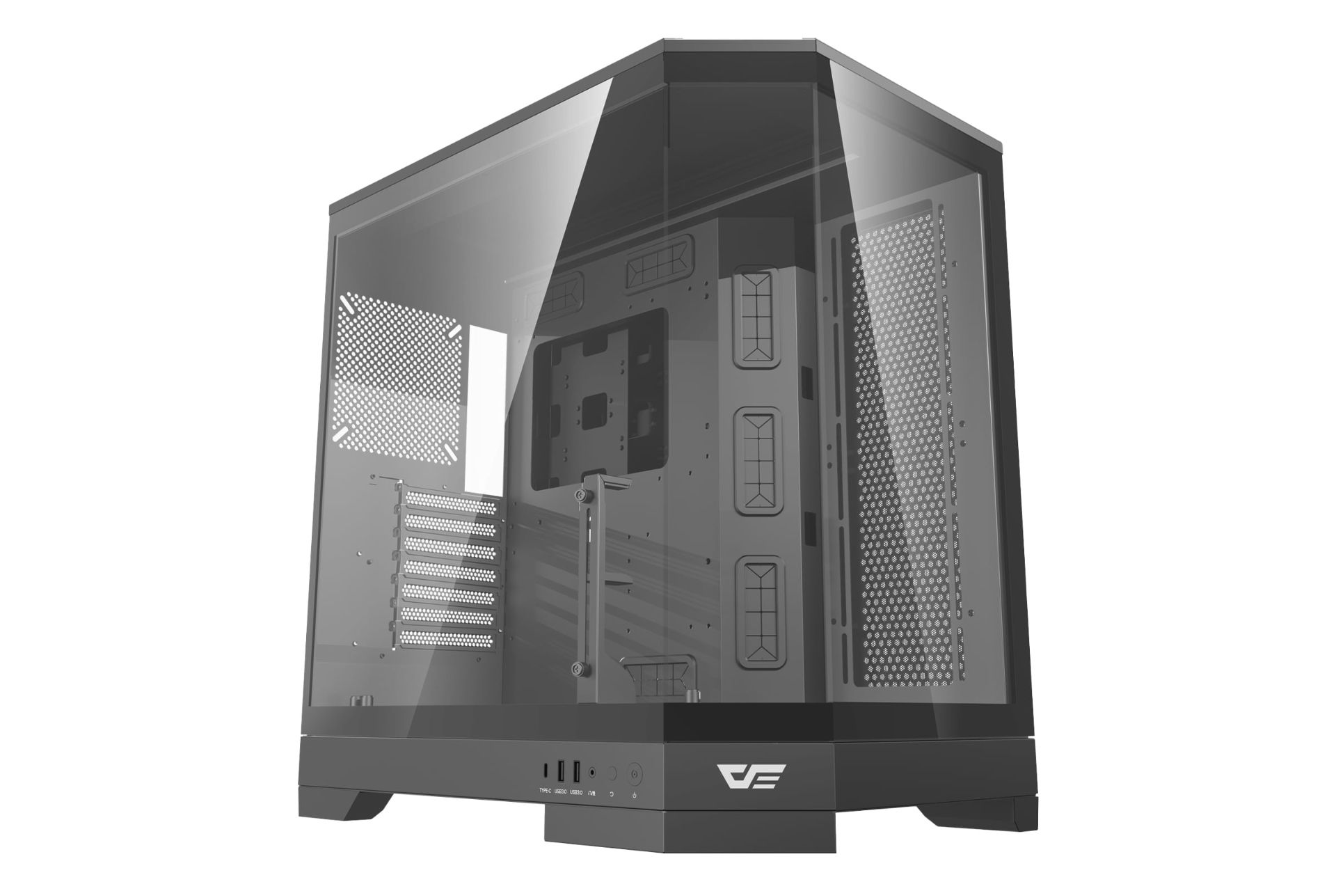 نمای نیمرخ کیس کامپیوتر دارک فلش DQX90 با نمایش پنل سمت چپ و لوگوی پنل جلو رنگ مشکی