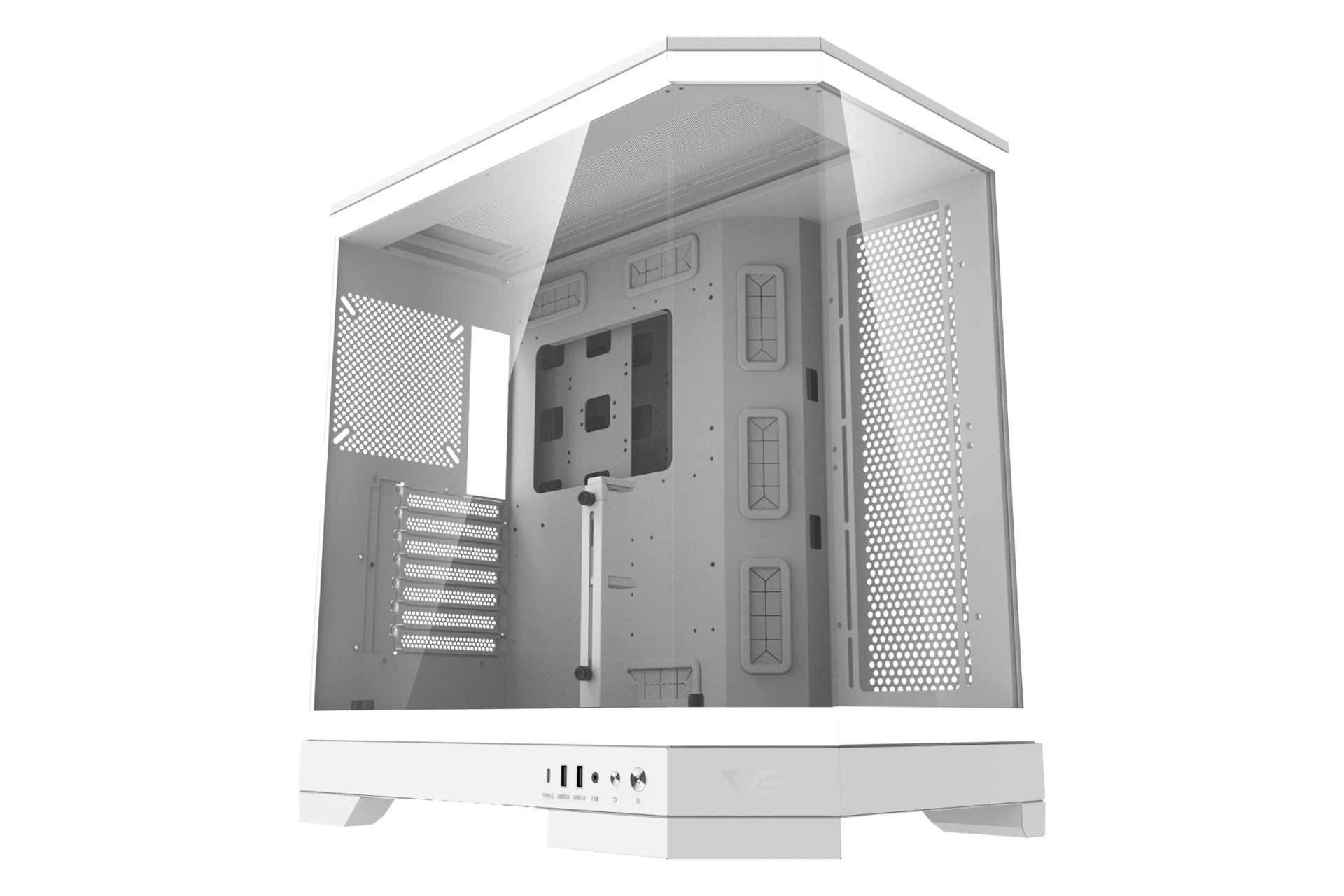 نمای نیمرخ کیس کامپیوتر دارک فلش DQX90 با نمایش پنل سمت چپ و لوگوی پنل جلو رنگ سفید