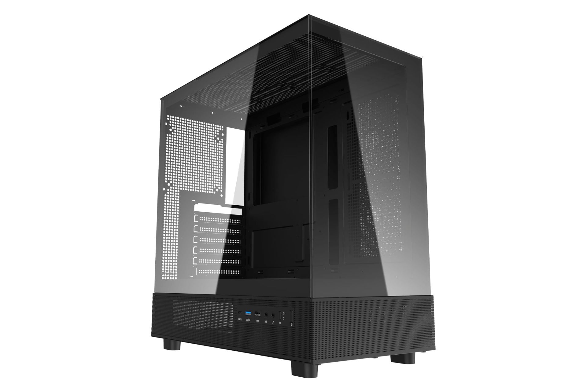 نمای نیمرخ کیس کامپیوتر دارک فلش DPX90 با نمایش پنل جلو و سمت چپ رنگ مشکی