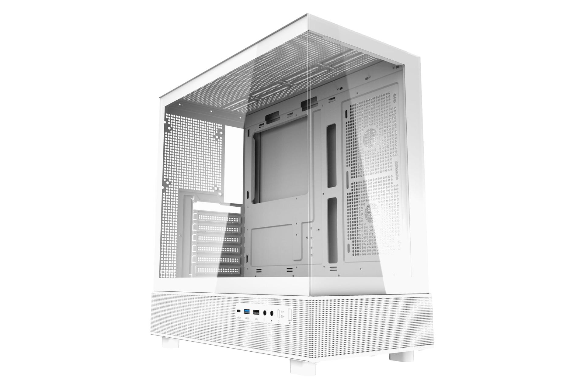 نمای نیمرخ کیس کامپیوتر دارک فلش DPX90 با نمایش پنل جلو و سمت چپ رنگ سفید