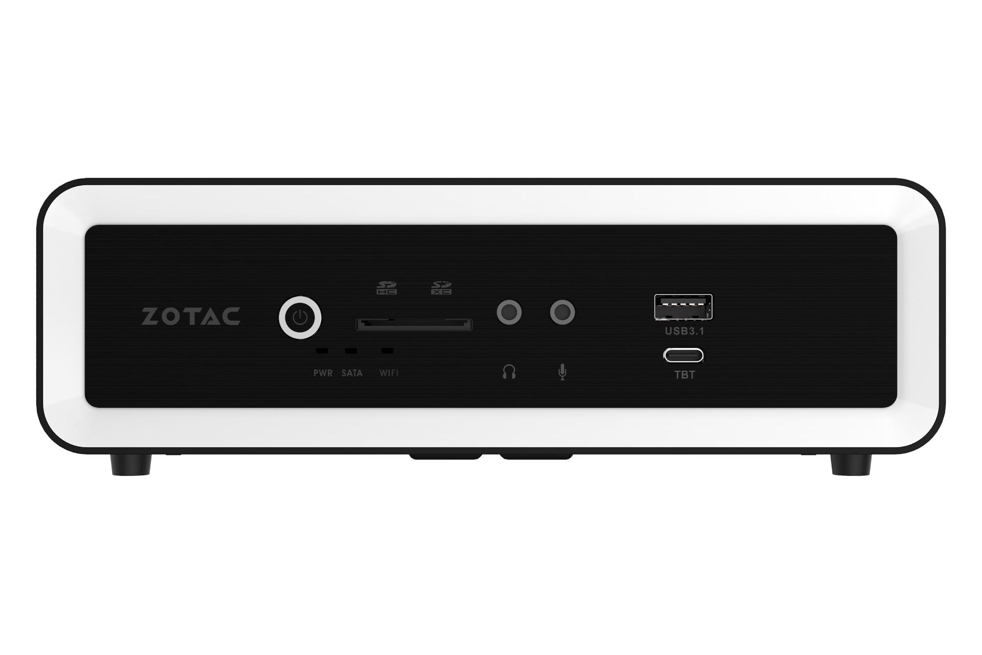 نمای پنل جلوی کامپیوتر کوچک ZBOX CI649 nano زوتک با نمایش درگاه‌ها و لوگو