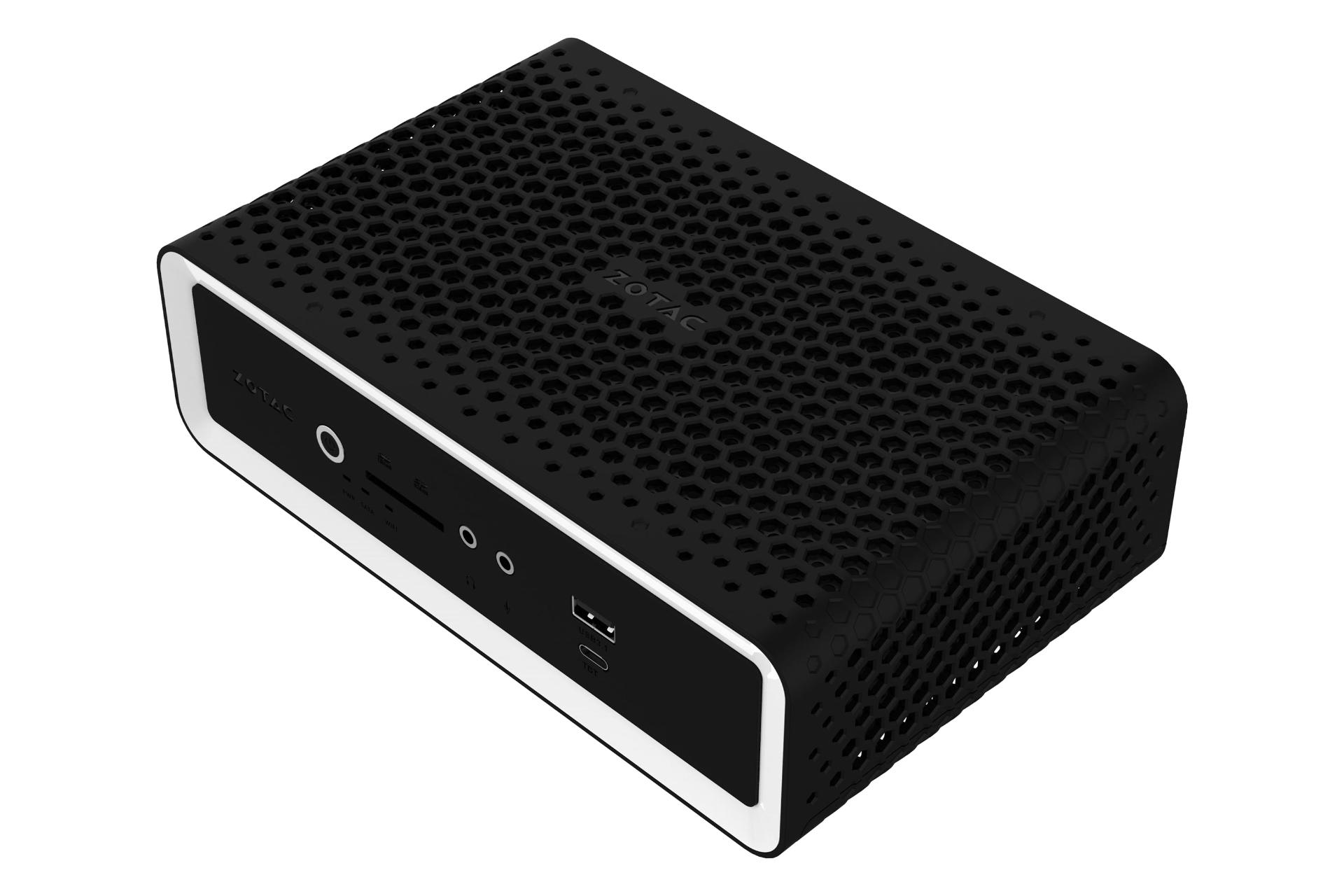 نمای نیمرخ پنل جلو کامپیوتر کوچک ZBOX CI649 nano زوتک با نمایش درگاه‌ها، پنل بالا و سمت راست