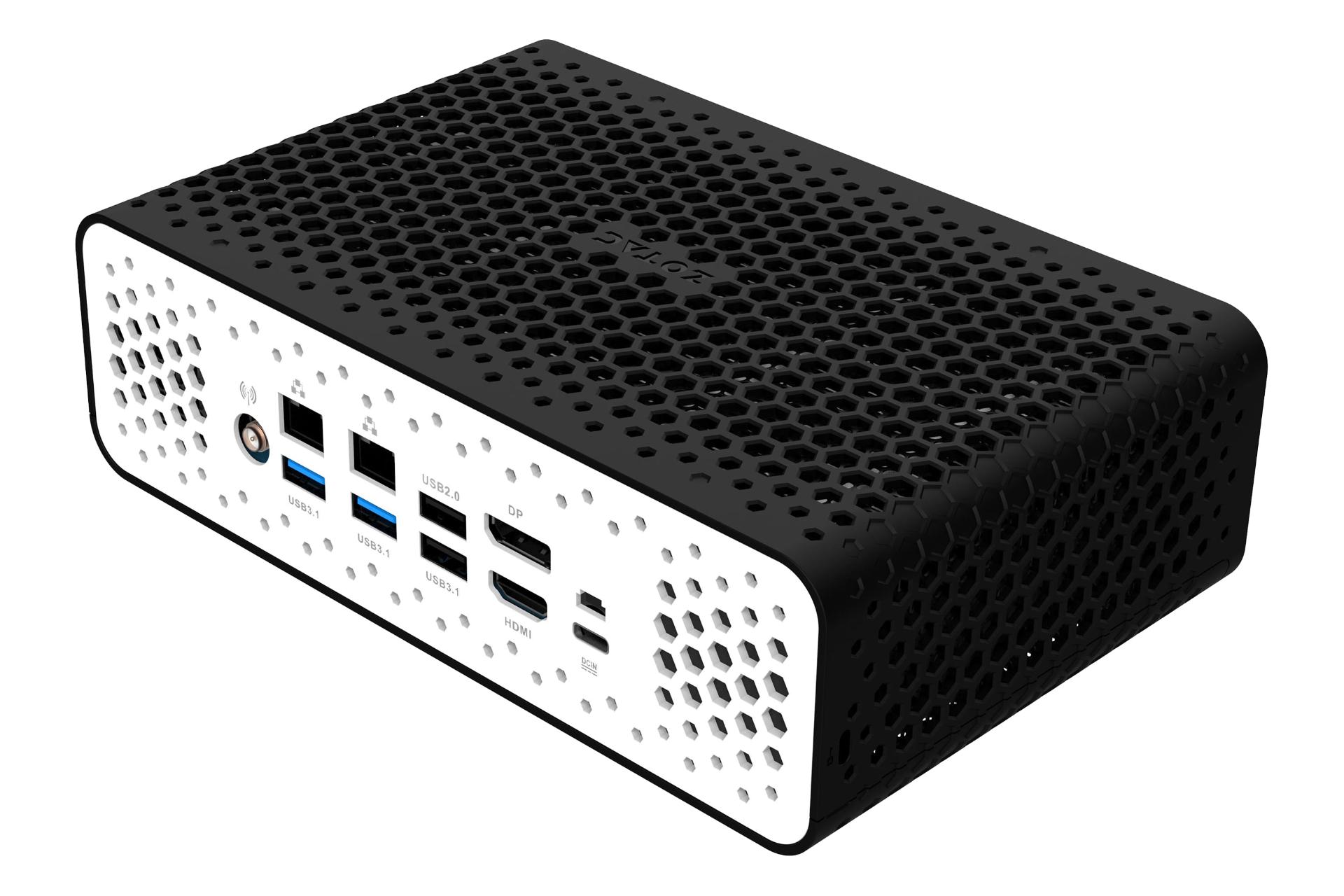نمای نیمرخ پنل پشت کامپیوتر کوچک ZBOX CI649 nano زوتک با نمایش درگاه‌ها، پنل بالا و سمت چپ