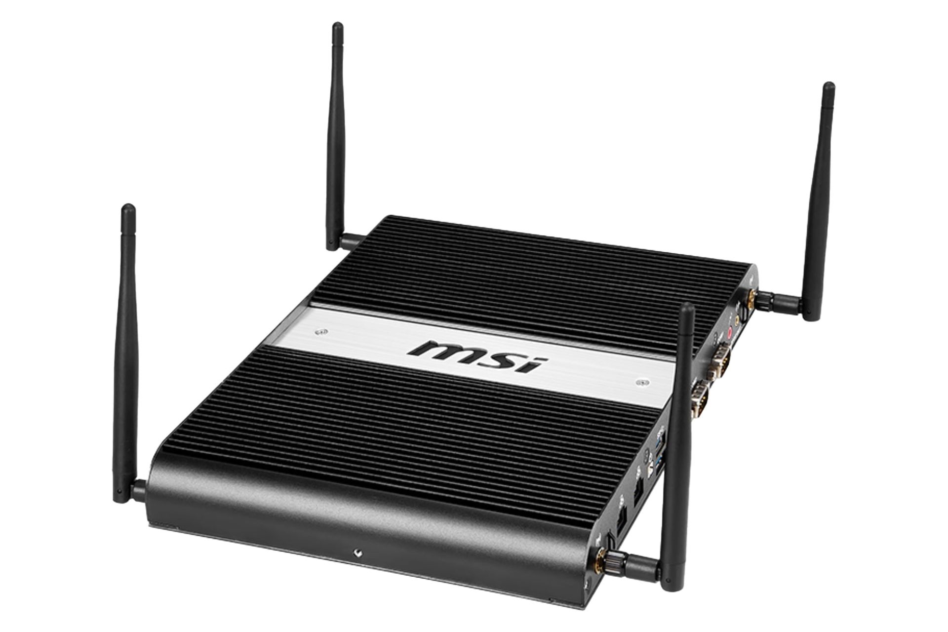 نمای نیمرخ کامپیوتر کوچک MS-9B05 ام اس آی با نمایش پنل بالا، لوگو و آنتن‌ها