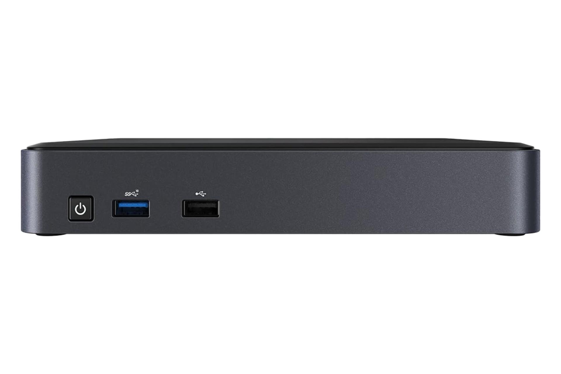 نمای پنل جلوی کامپیوتر کوچک NUC Pro Chassis Element CMCM2FB اینتل با نمایش درگاه‌ها