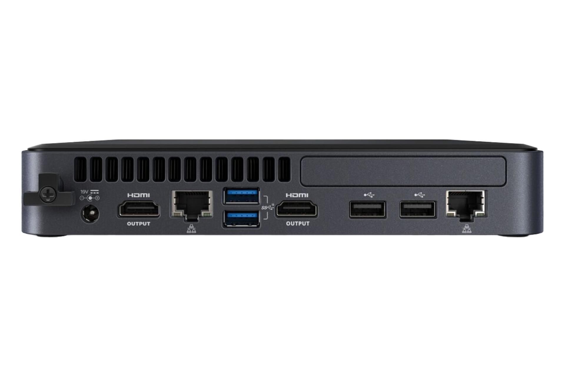 نمای پنل پشت کامپیوتر کوچک NUC Pro Chassis Element CMCM2FB اینتل با نمایش درگاه‌ها