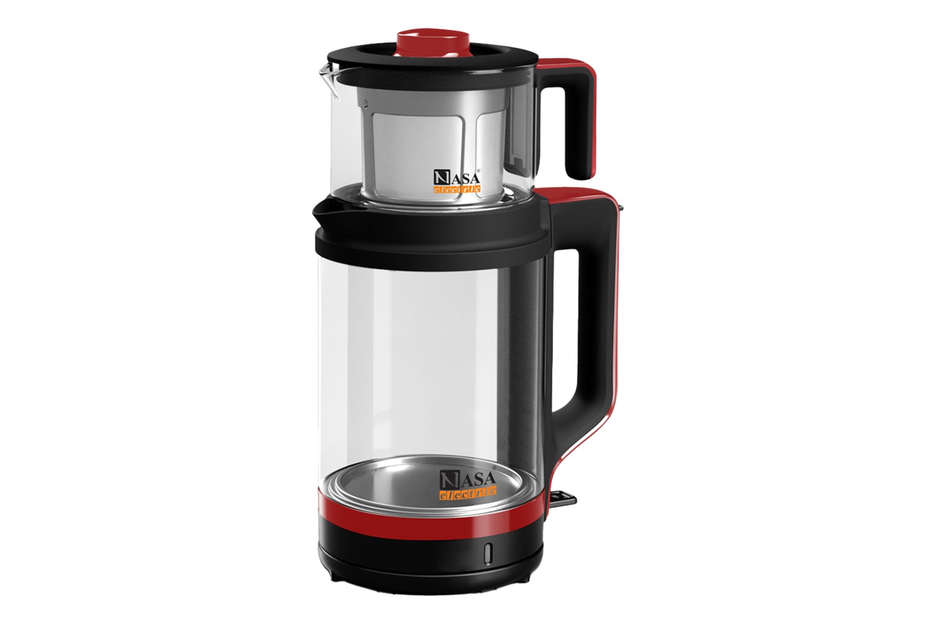 نمای کلی چای ساز ناسا الکتریک NS-523 با نمایش قوری و کتری رنگ قرمز