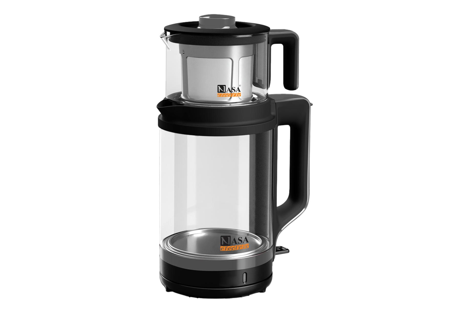 نمای کلی چای ساز ناسا الکتریک NS-523 با نمایش قوری و کتری رنگ مشکی