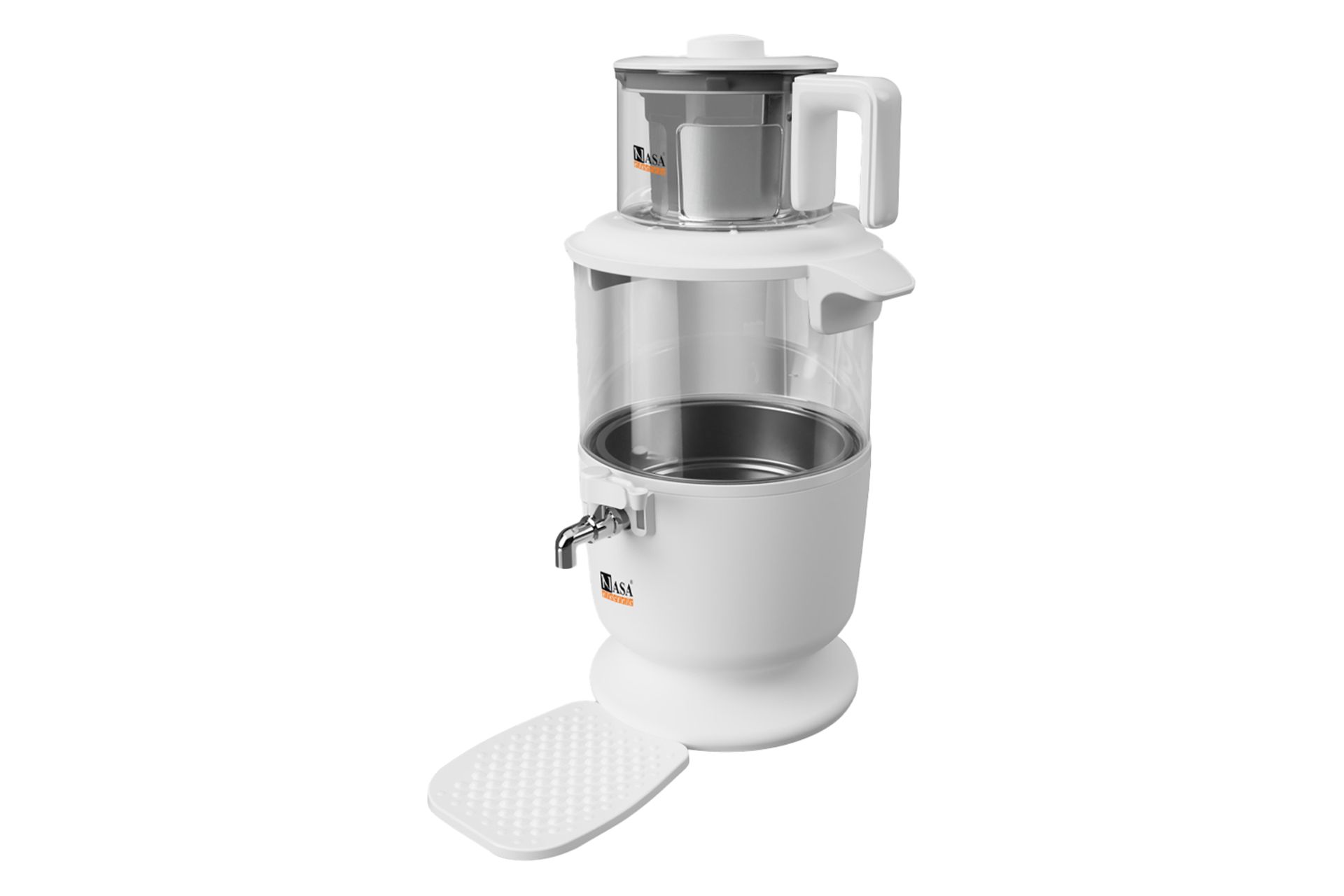نمای نیمرخ چای ساز ناسا الکتریک NS-525 با نمایش قوری، کتری و لوگو رنک سفید