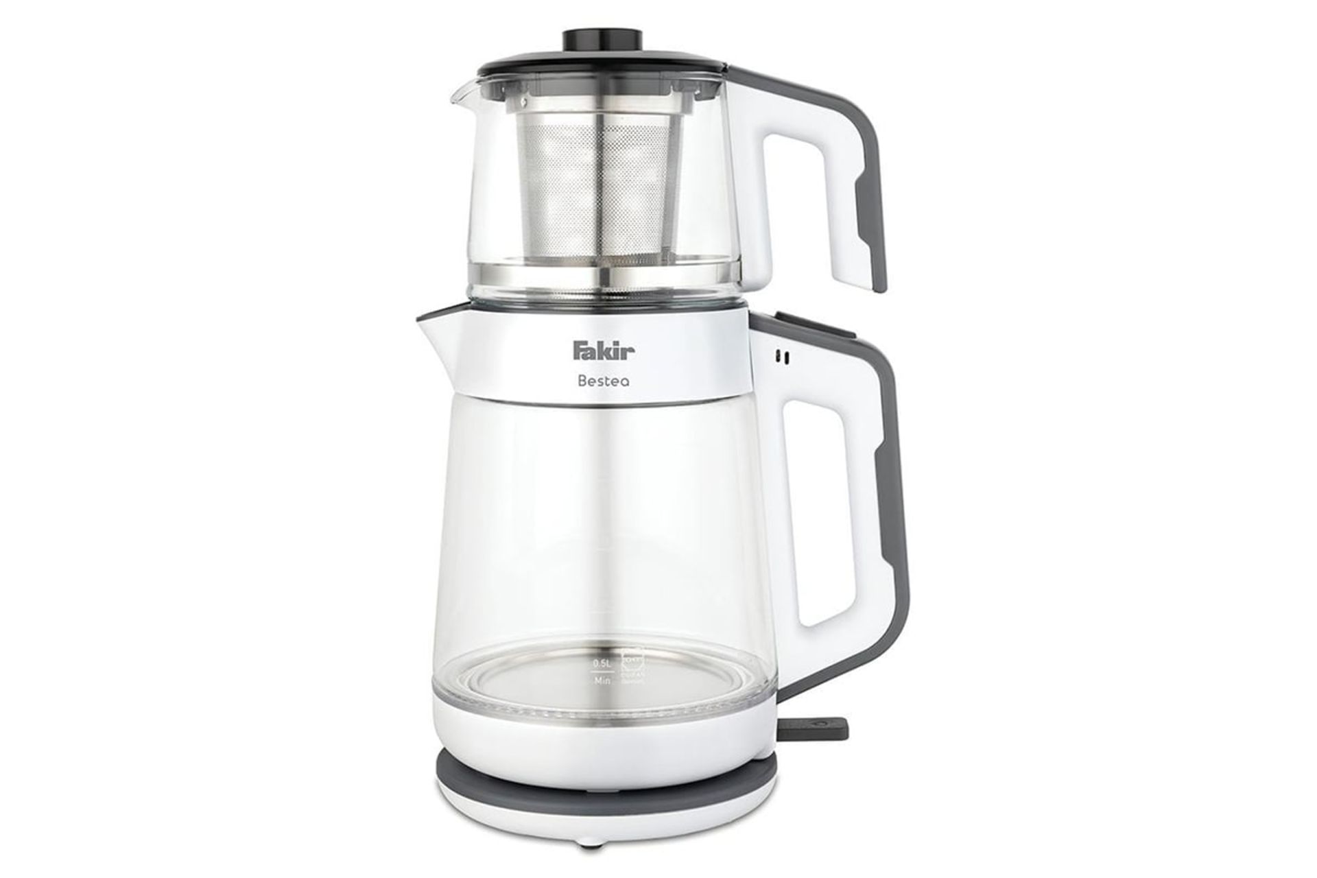 نمای کلی چای ساز فکر Bestea با نمایش قوری و کتری رنگ سفید